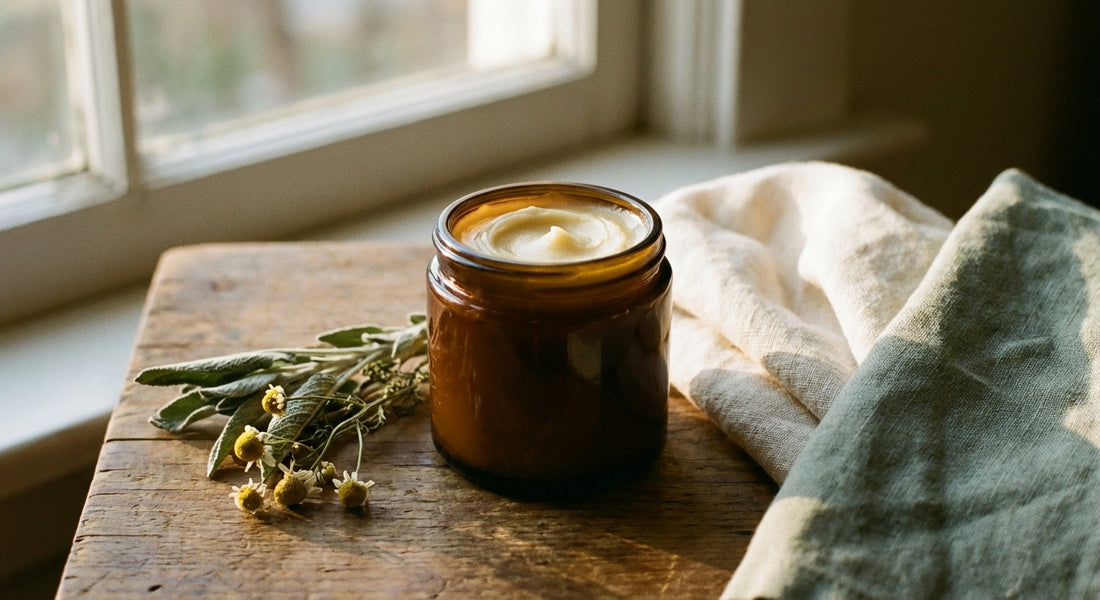 A small amber glass jar of creamy tallow balm rests on a rustic wooden surface alongside dried herbs and folded linen, lit by warm golden natural light.