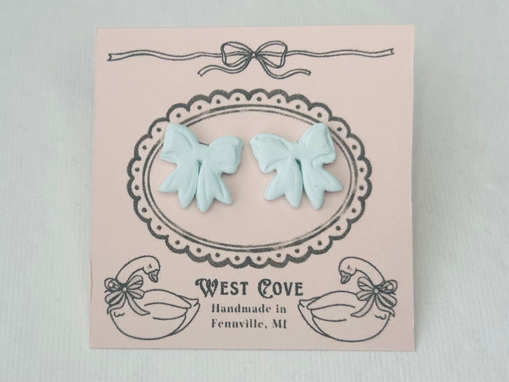 Light Blue Bow Earrings Ribbon Polymer Clay by West Cove