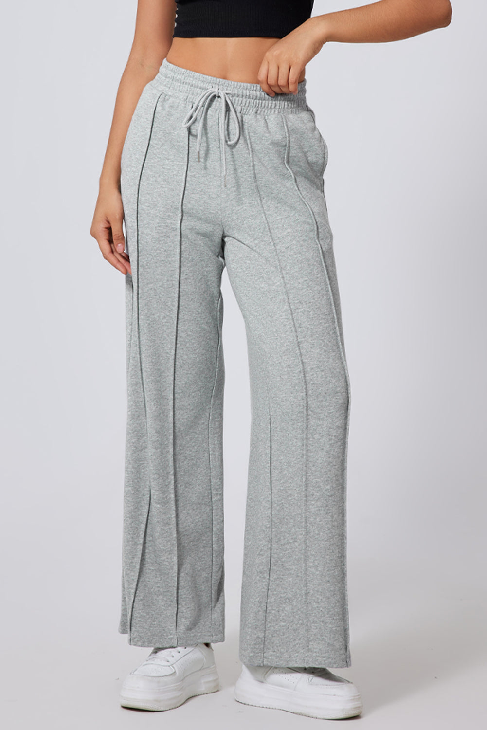 Solid Seam Drawstring Wide Leg Sweatpants by Pretty Bash