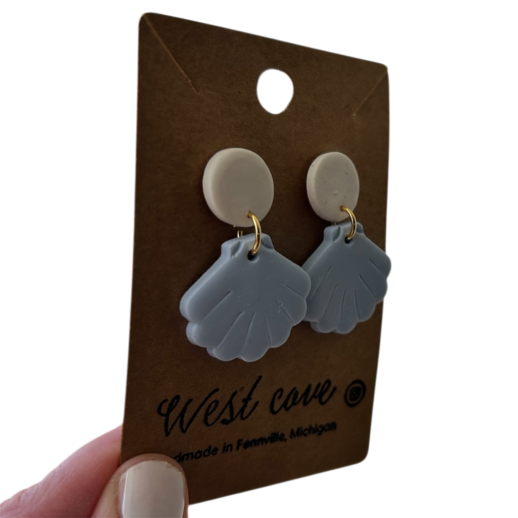 Blue sea shell polymer clay stud-dangle earrings with gray round tops and gold rings