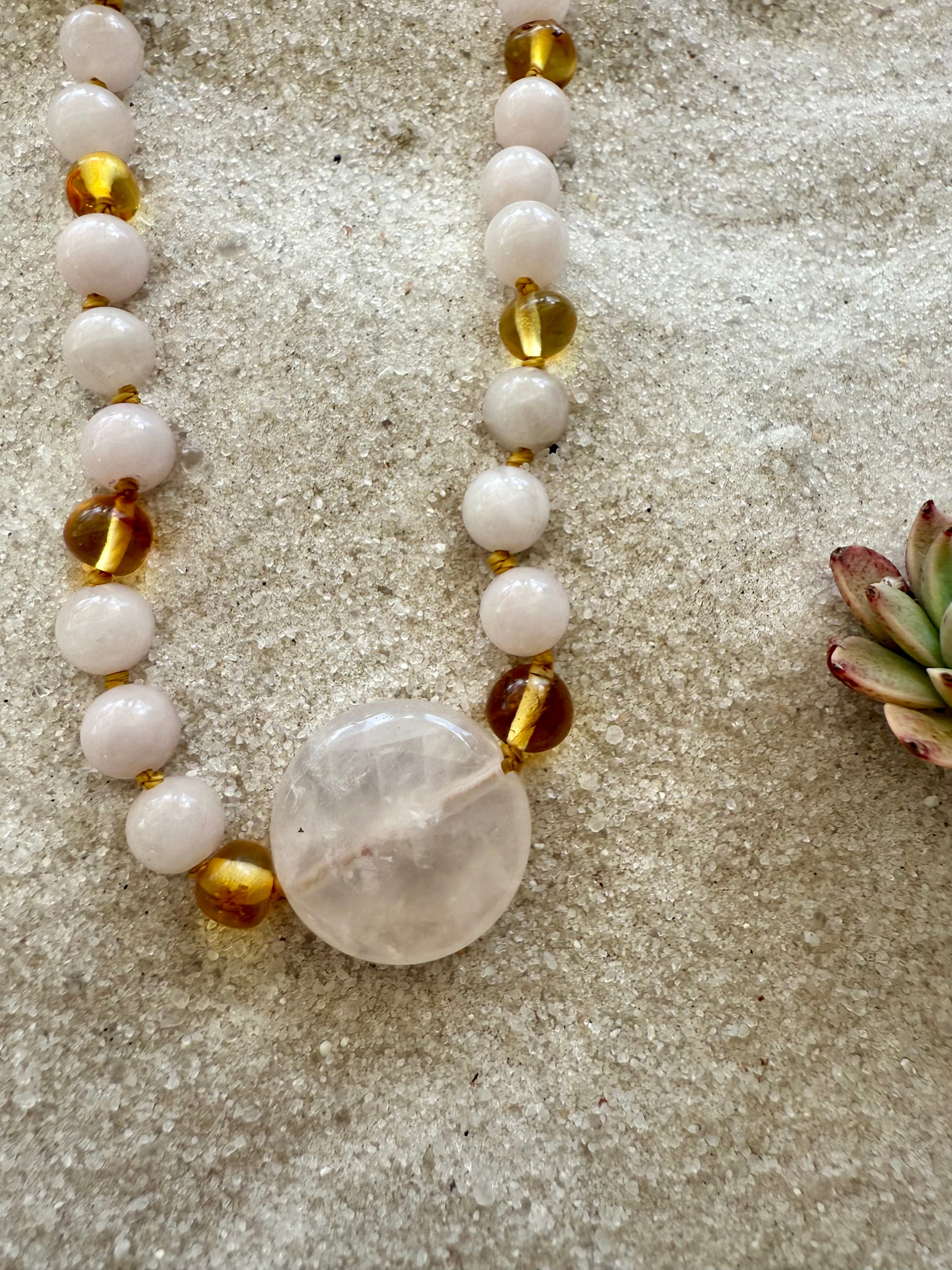Rose Quartz + Honey Baltic Sea Amber || Rose Quartz Stone Necklace by CanyonLeaf