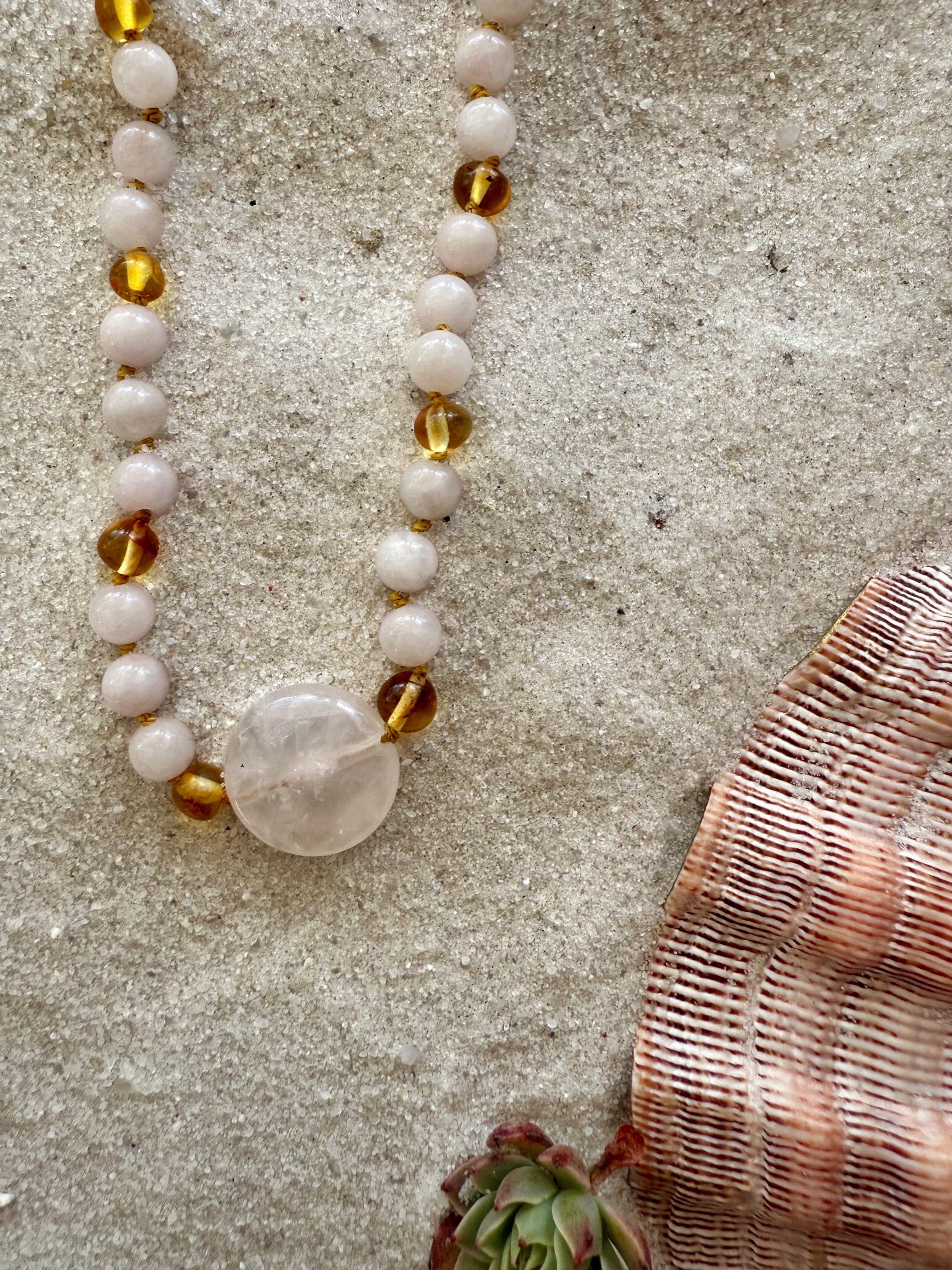 Rose Quartz + Honey Baltic Sea Amber || Rose Quartz Stone Necklace by CanyonLeaf