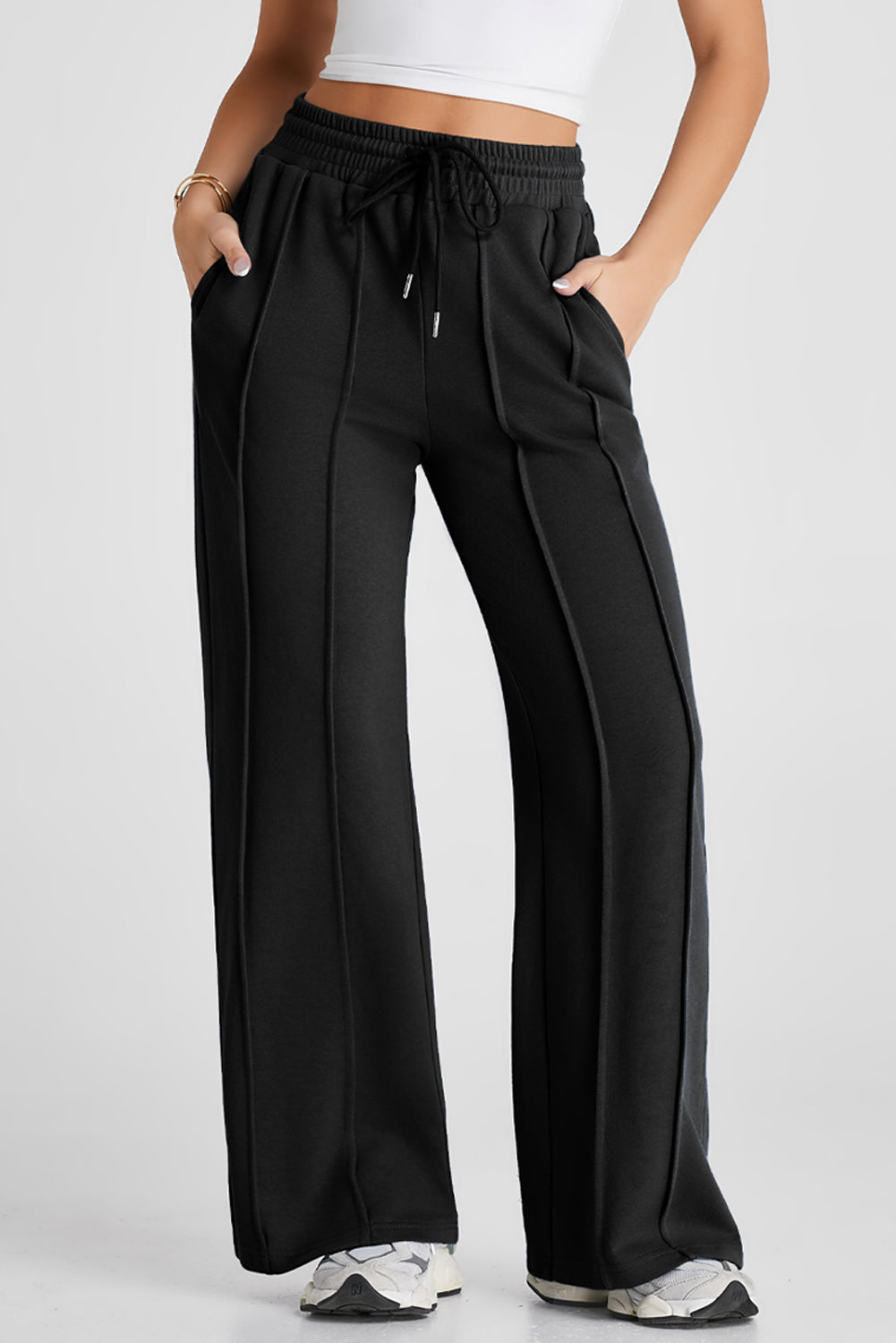 Solid Seam Drawstring Wide Leg Sweatpants by Pretty Bash
