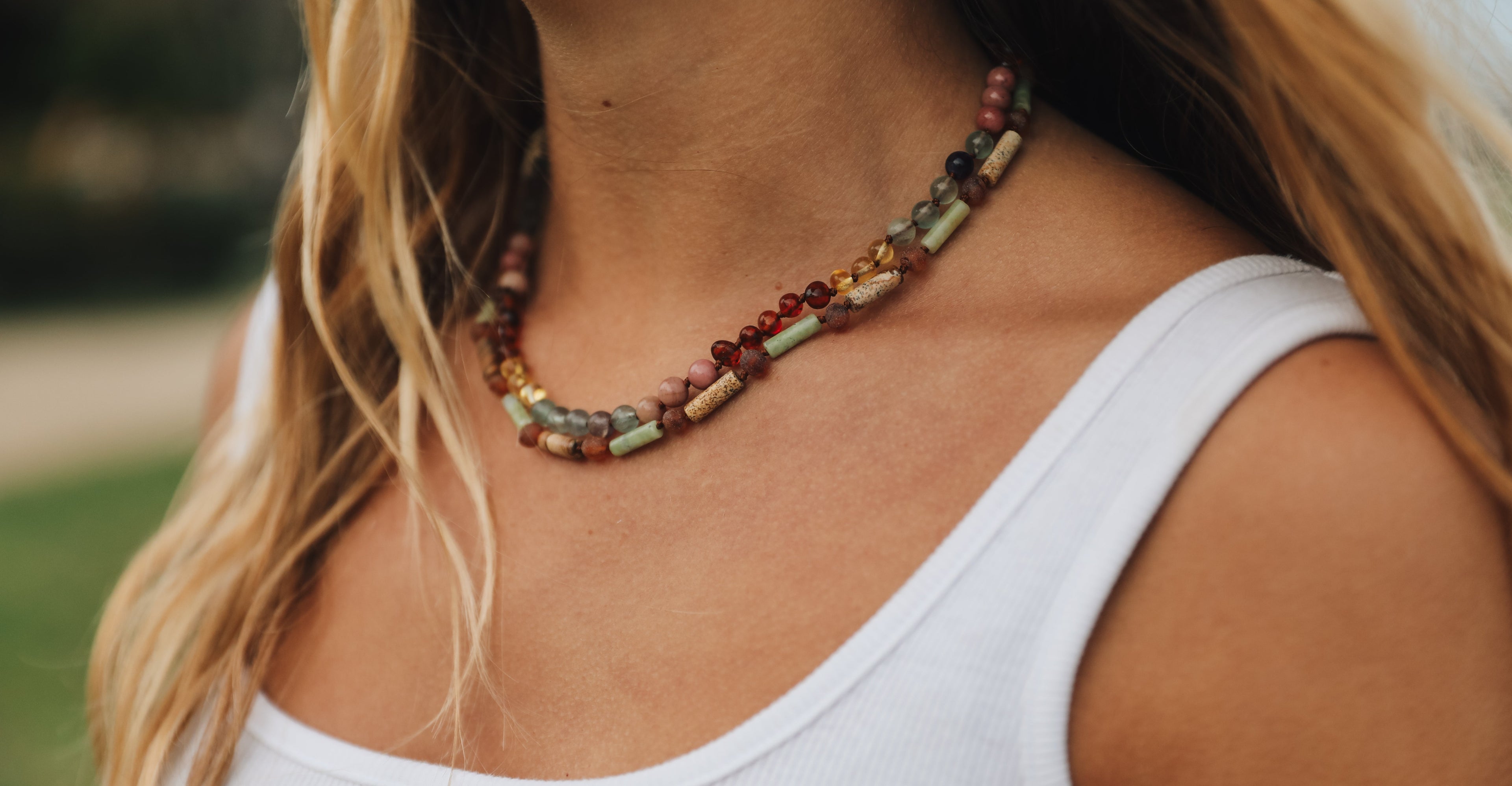 Raw Cognac Baltic Sea Amber + Green Jade + Striped Agate || Necklace by CanyonLeaf