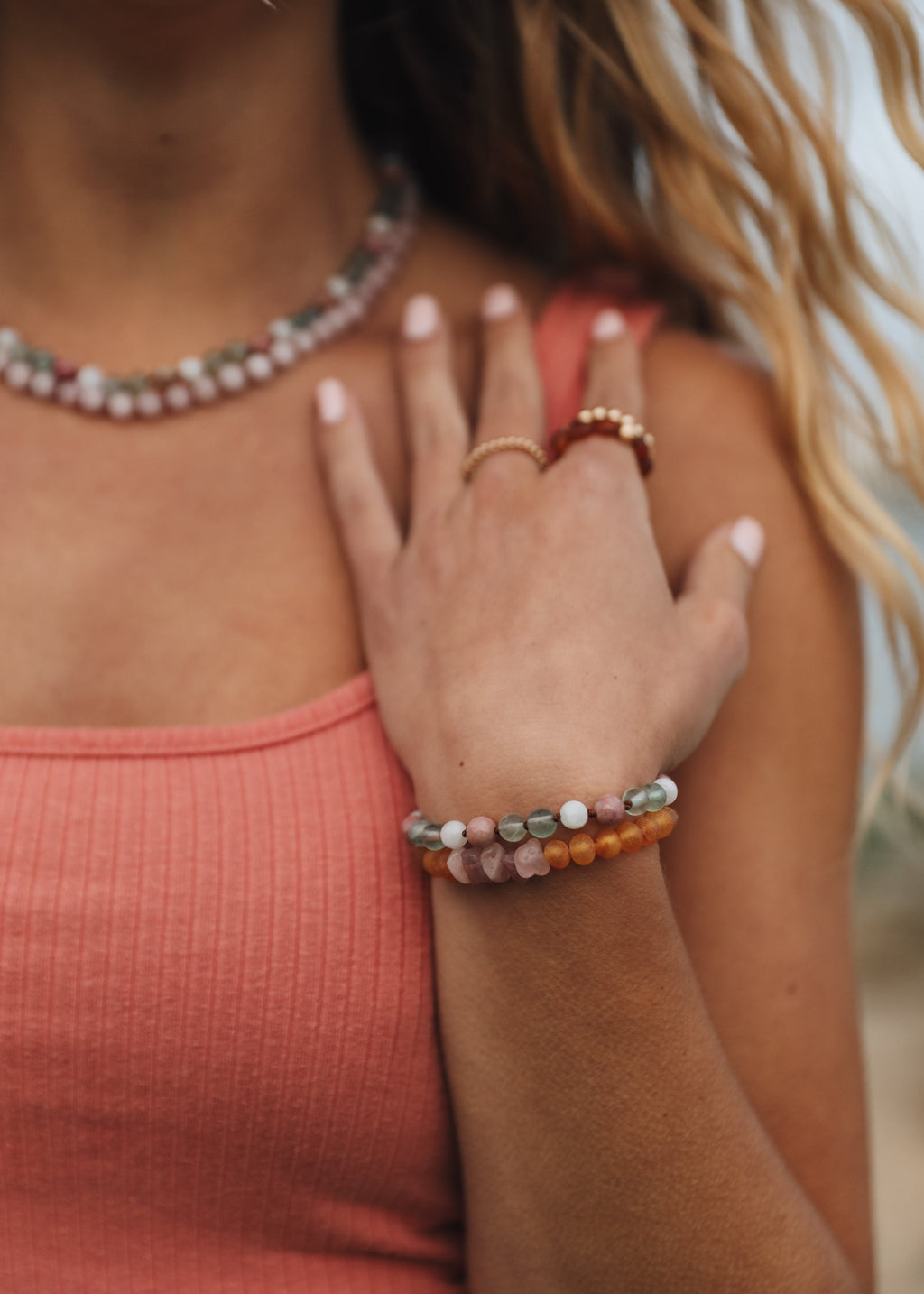 Fluorite + Moonstone + Rhodonite || Natural Gemstone Necklace