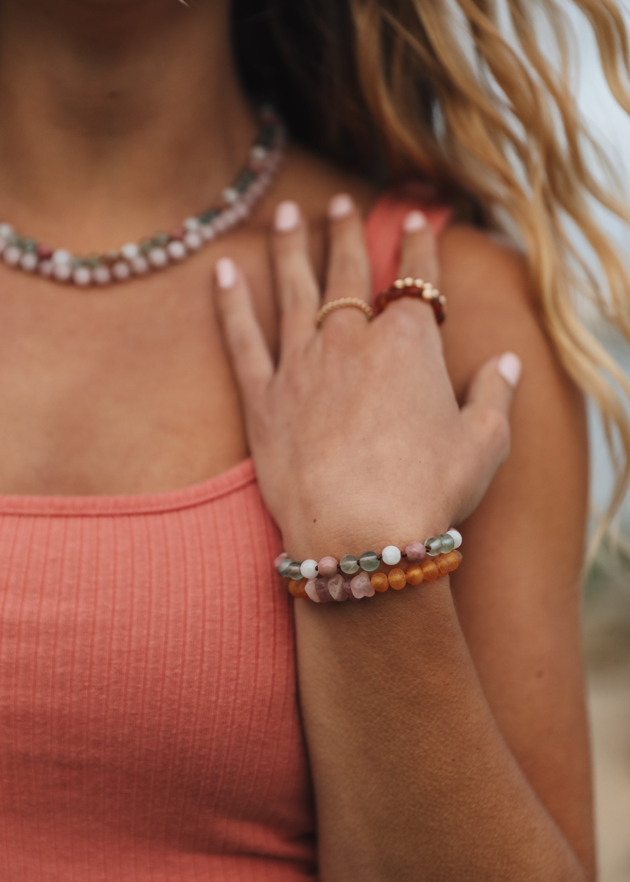 Fluorite + Moonstone + Rhodonite || Natural Gemstone Necklace