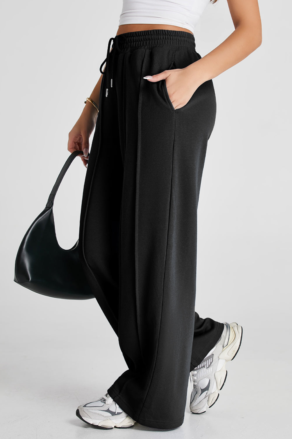 Solid Seam Drawstring Wide Leg Sweatpants by Pretty Bash