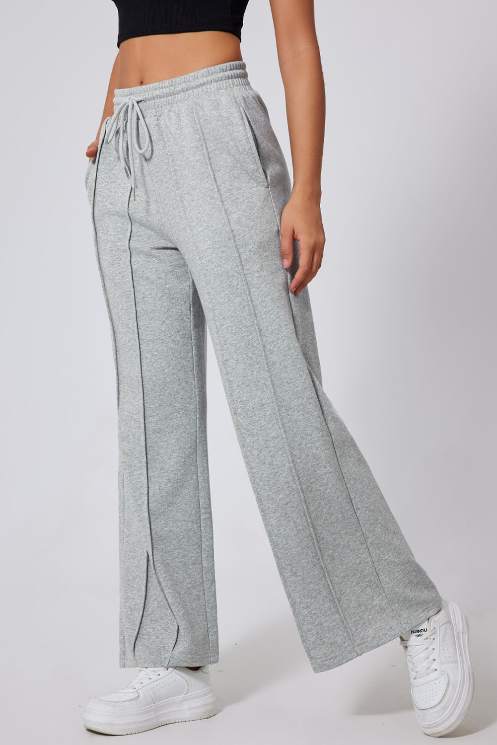 Solid Seam Drawstring Wide Leg Sweatpants by Pretty Bash