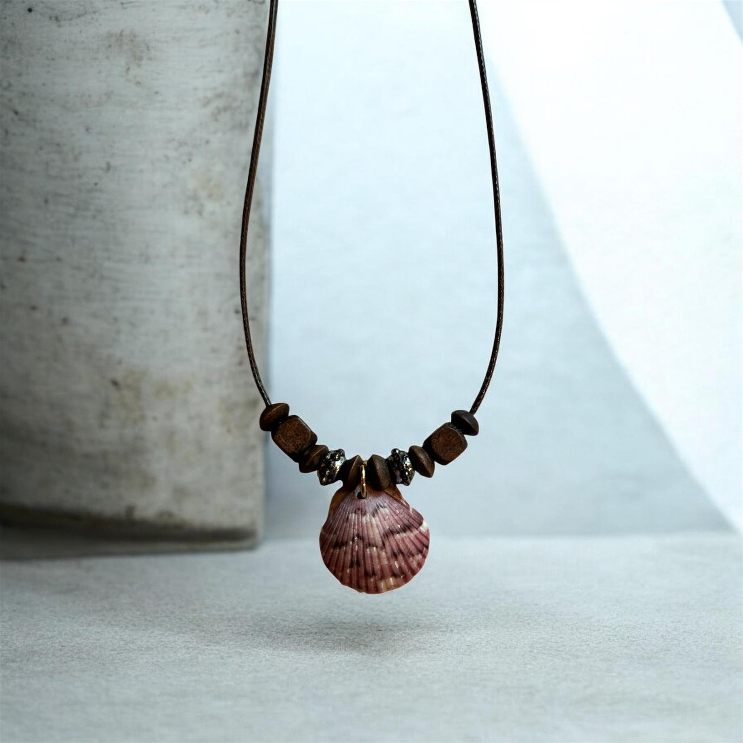 Shell Necklace with vintage wood beads. by West Cove