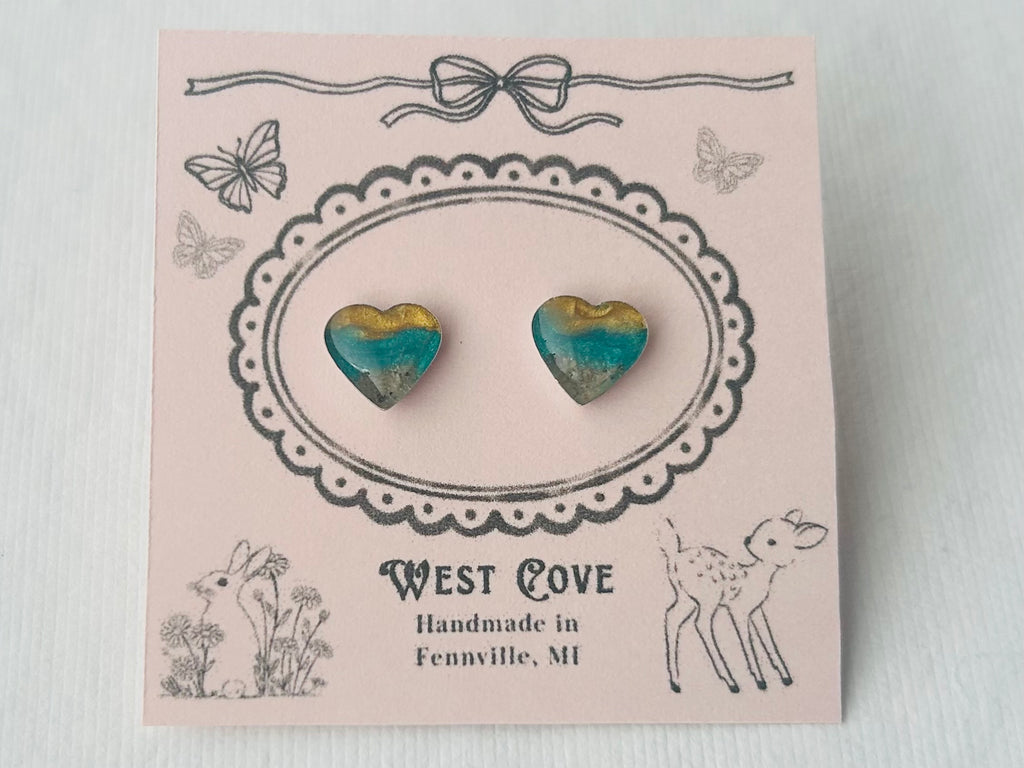Sunset heart earrings with Oval Beach sand by West Cove