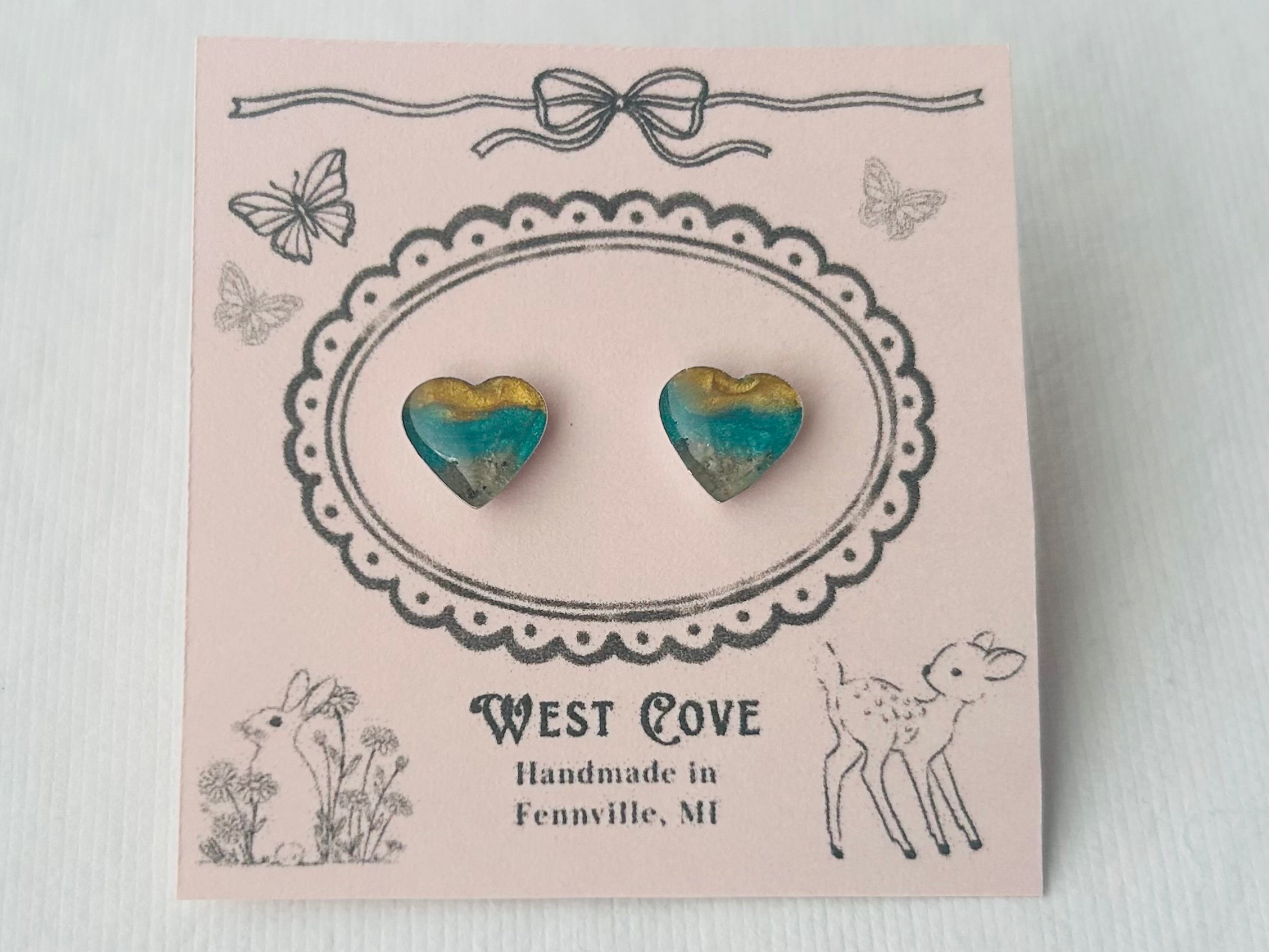 Sunset heart earrings with Oval Beach sand by West Cove