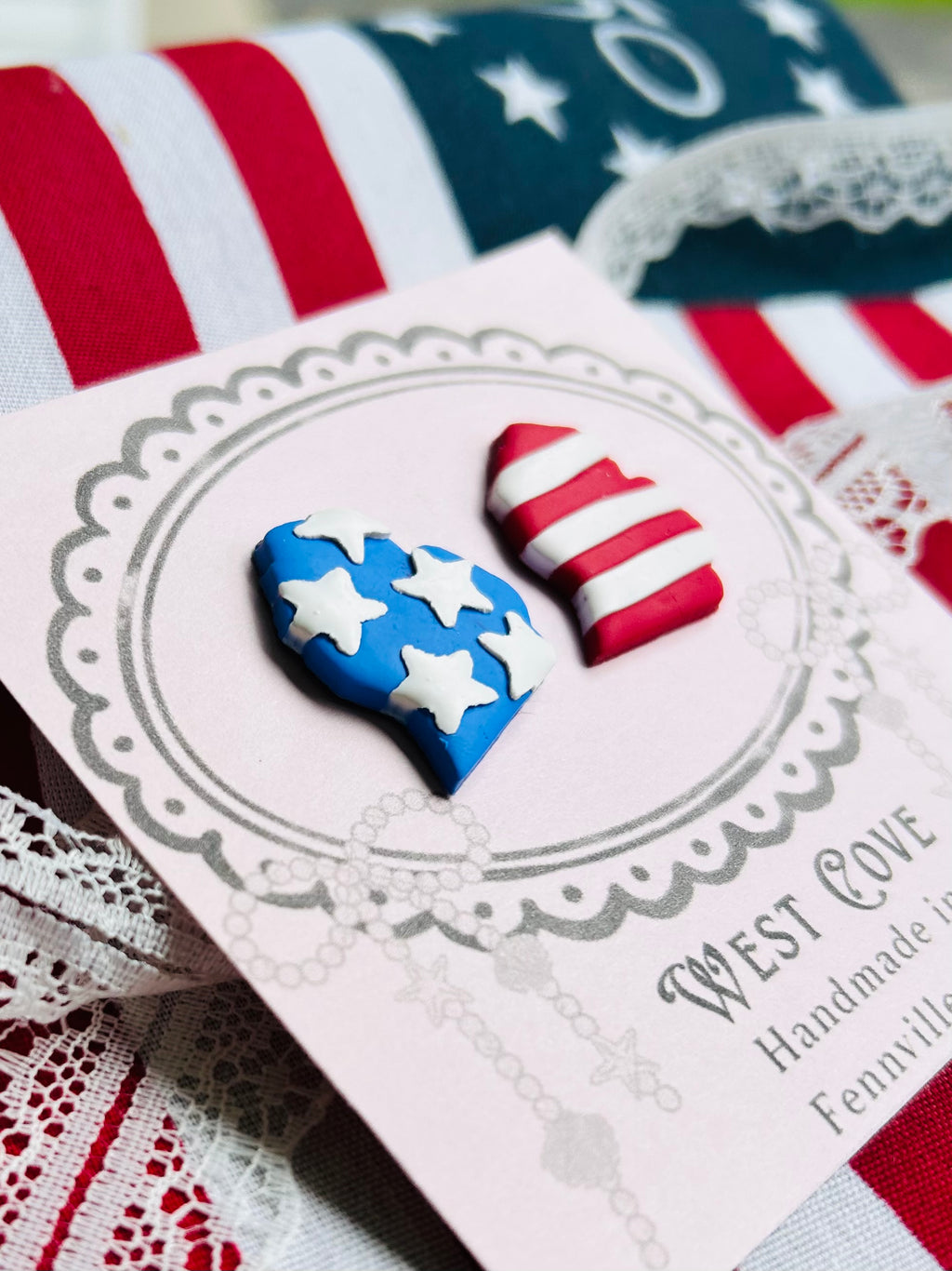 Patriotic Michigan Earrings | Handmade Polymer Clay | Hypoallergenic Steel Posts by West Cove