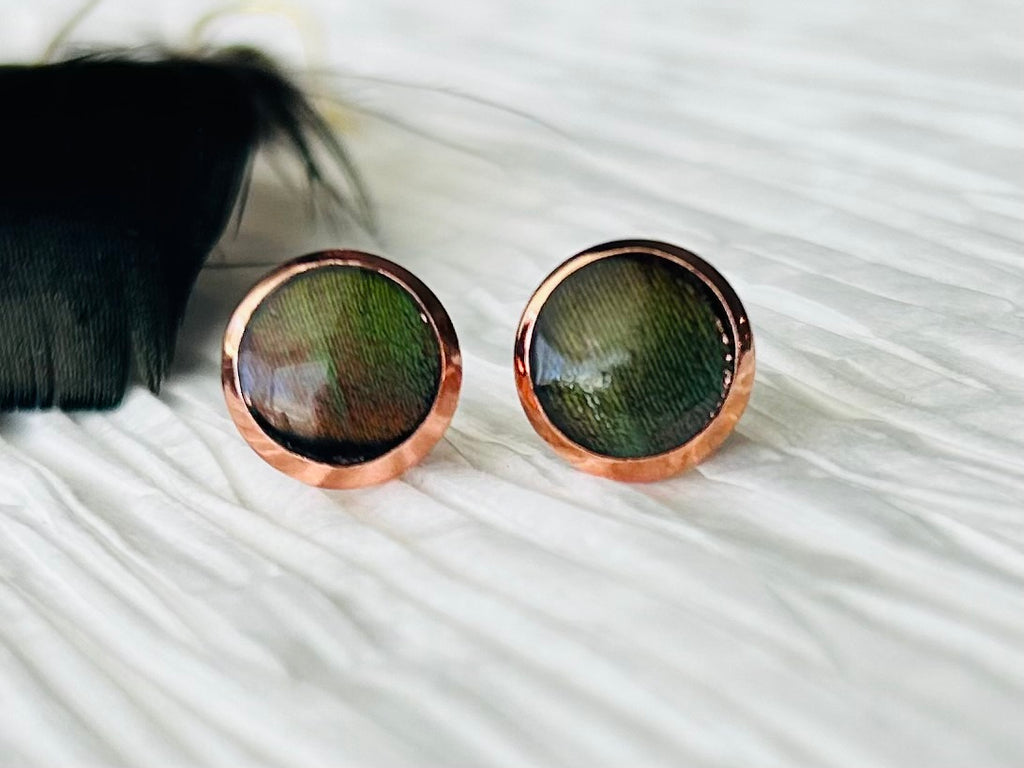 Rose gold round stud earrings with a genuine turkey feather, handmade in Michigan