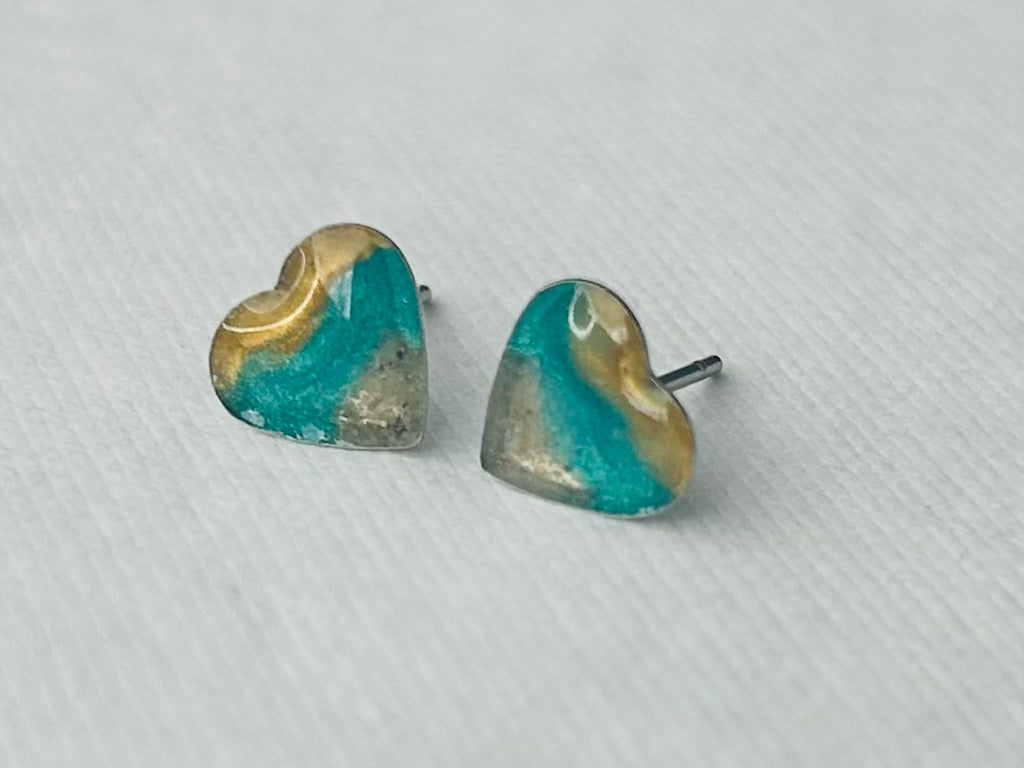 Sunset heart earrings with Oval Beach sand by West Cove