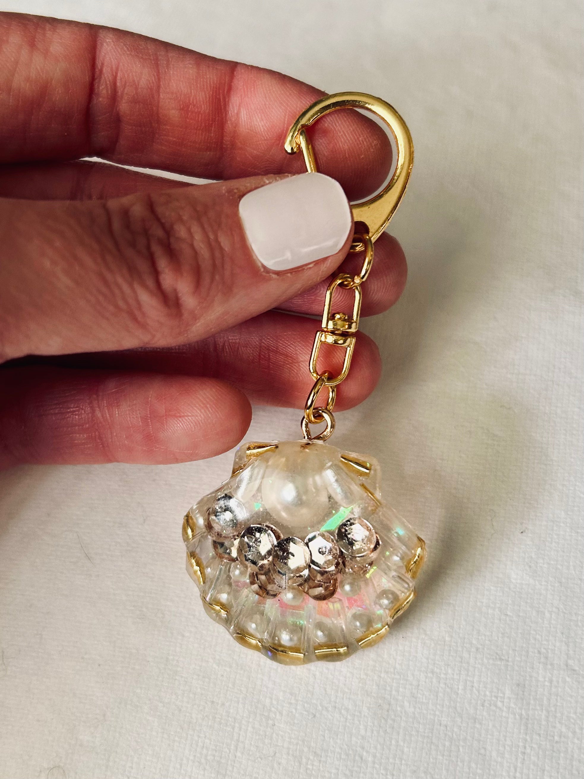 Handmade Beaded sparkle Shell Keychain Bag Charm by West Cove