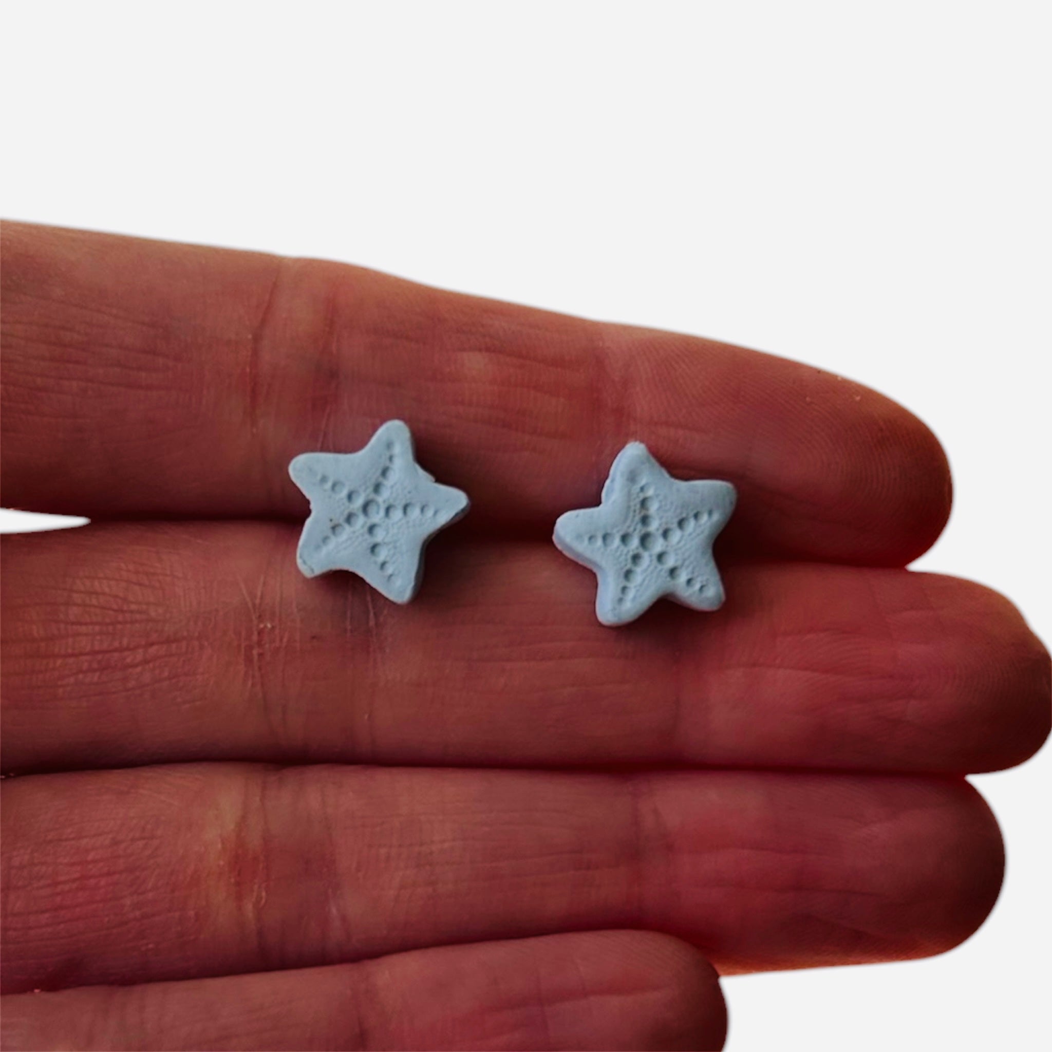 Light blue polymer clay star fish stud earrings, hypoallergenic coastal beach jewelry