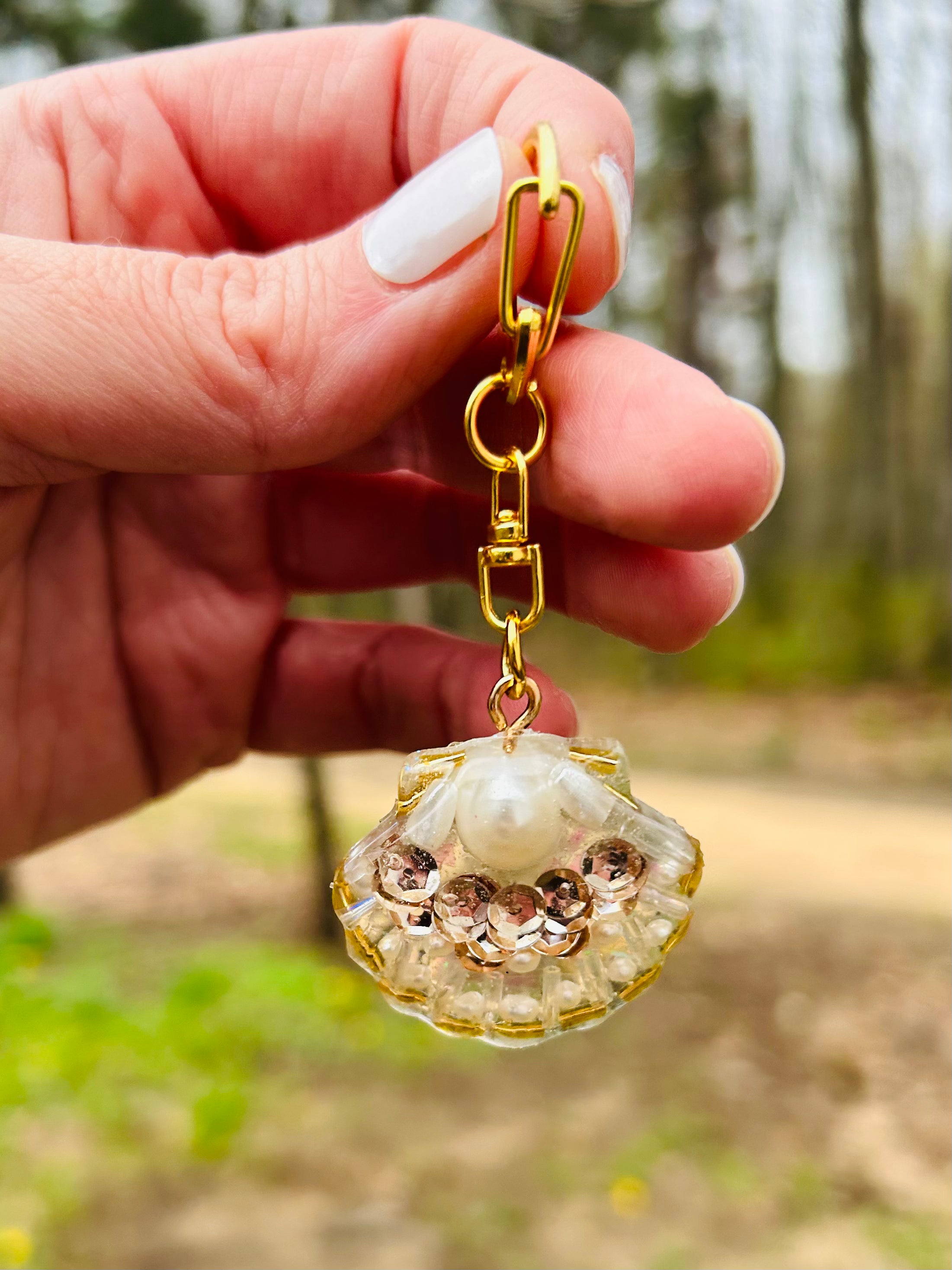 Handmade Beaded sparkle Shell Keychain Bag Charm by West Cove
