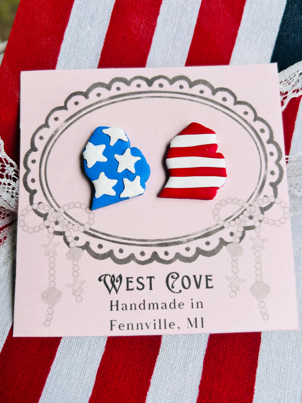 Patriotic Michigan Earrings | Handmade Polymer Clay | Hypoallergenic Steel Posts by West Cove