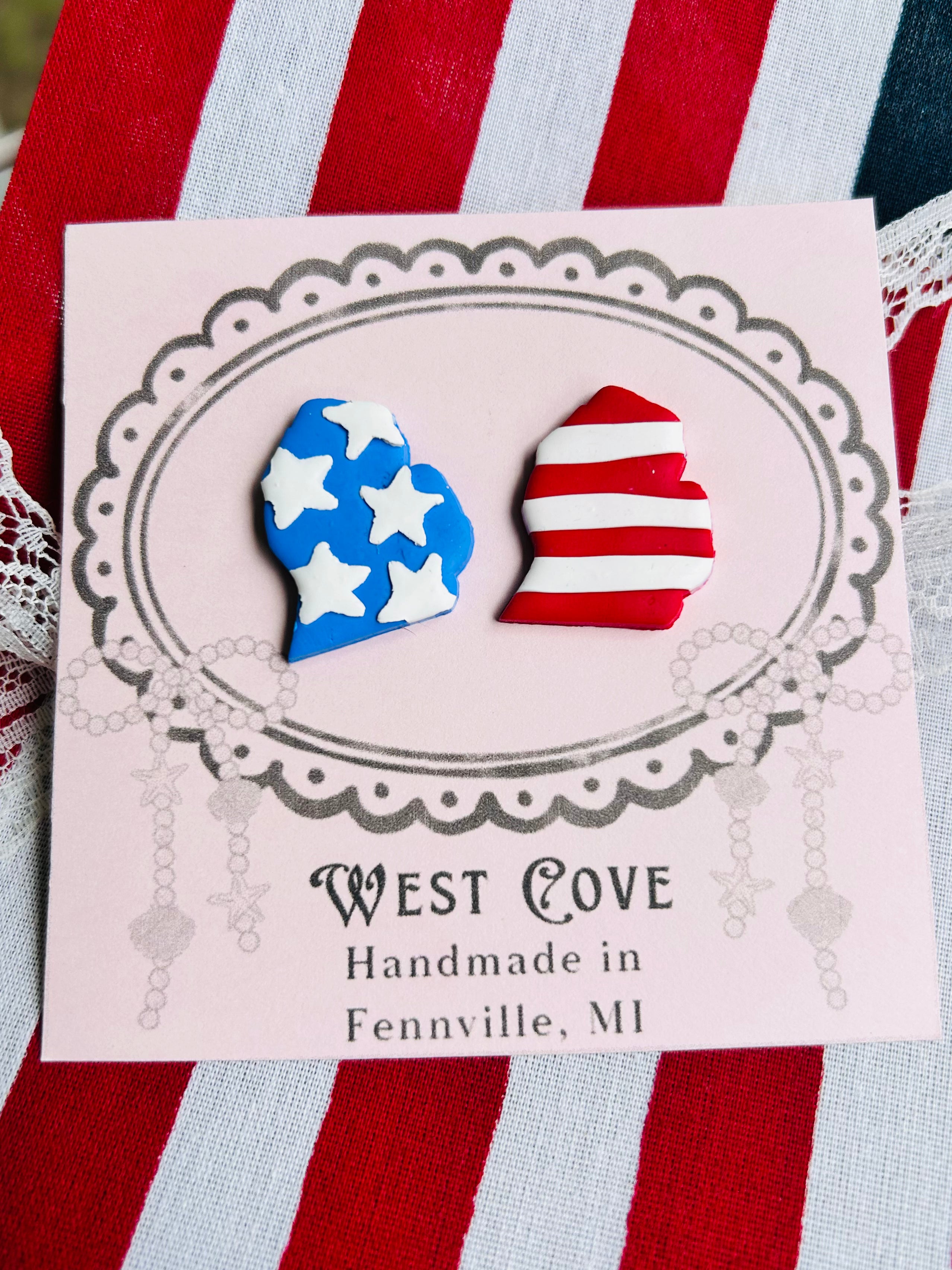 Patriotic Michigan Earrings | Handmade Polymer Clay | Hypoallergenic Steel Posts by West Cove