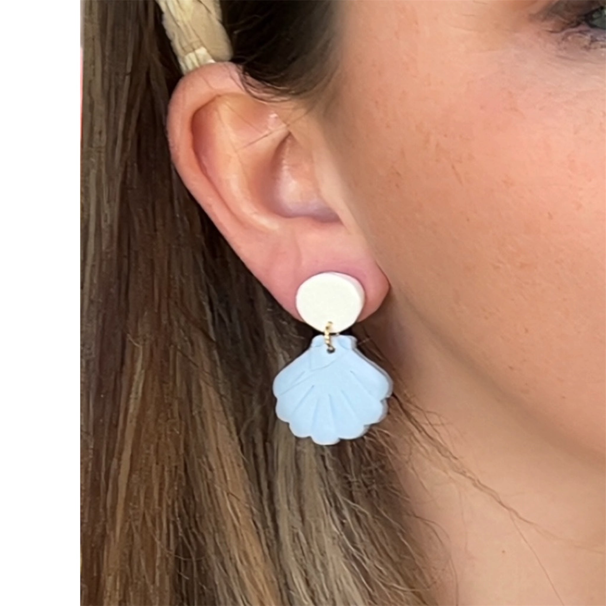 Coastal beachy polymer clay blue sea shell stud dangle earrings with white round top