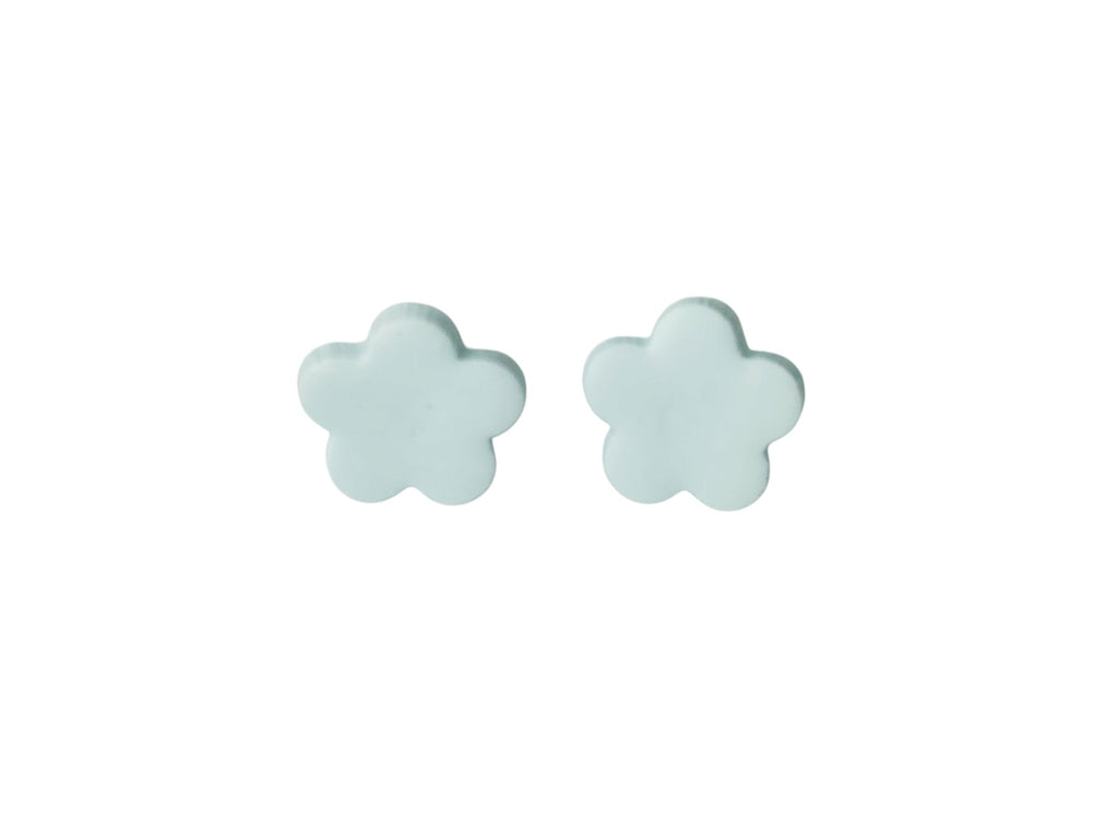 Light blue daisy polymer clay earrings, 0.5 inch, hypoallergenic stainless steel backs, handmade in Fennville, MI
