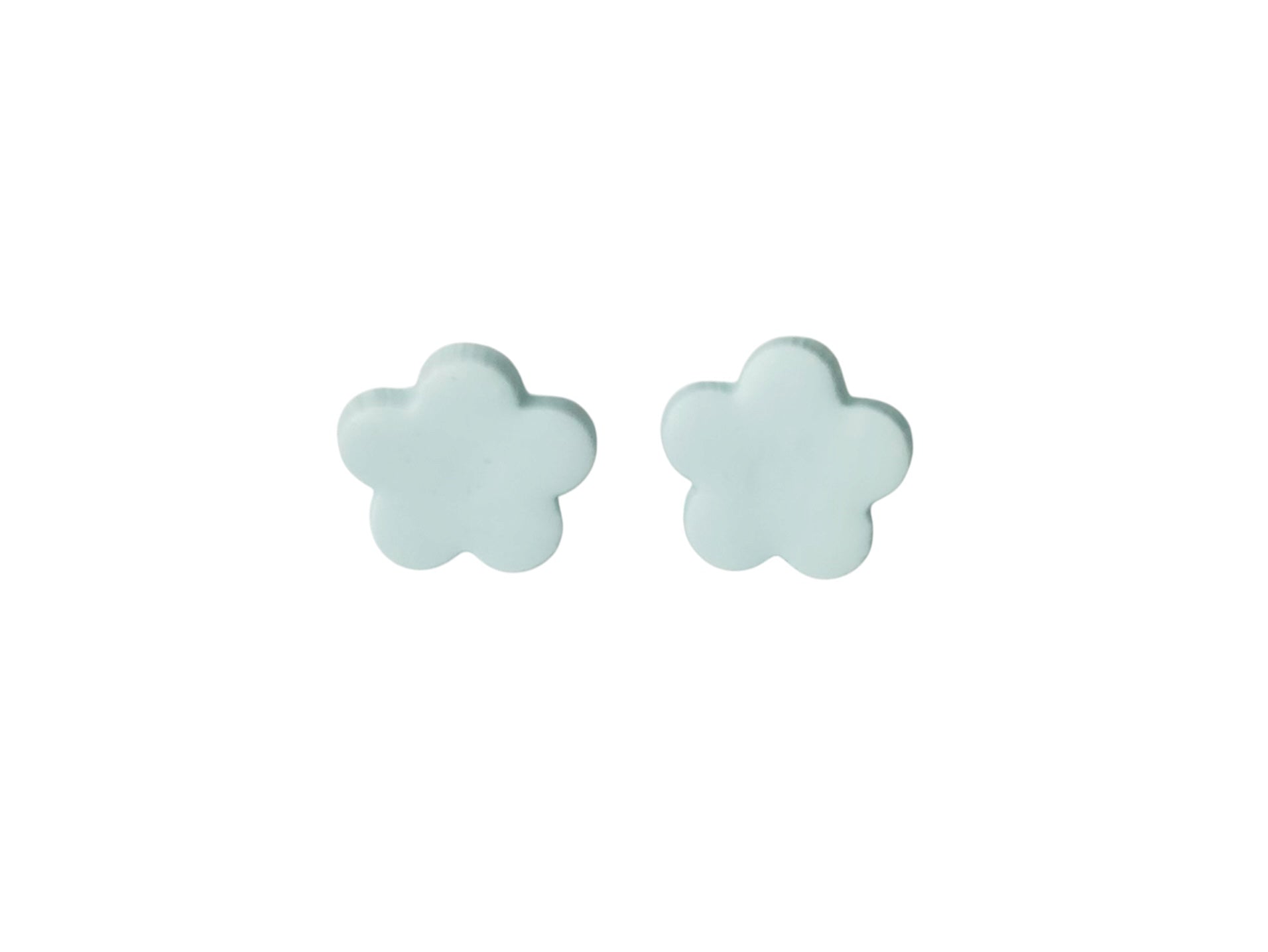 Light blue daisy polymer clay earrings, 0.5 inch, hypoallergenic stainless steel backs, handmade in Fennville, MI