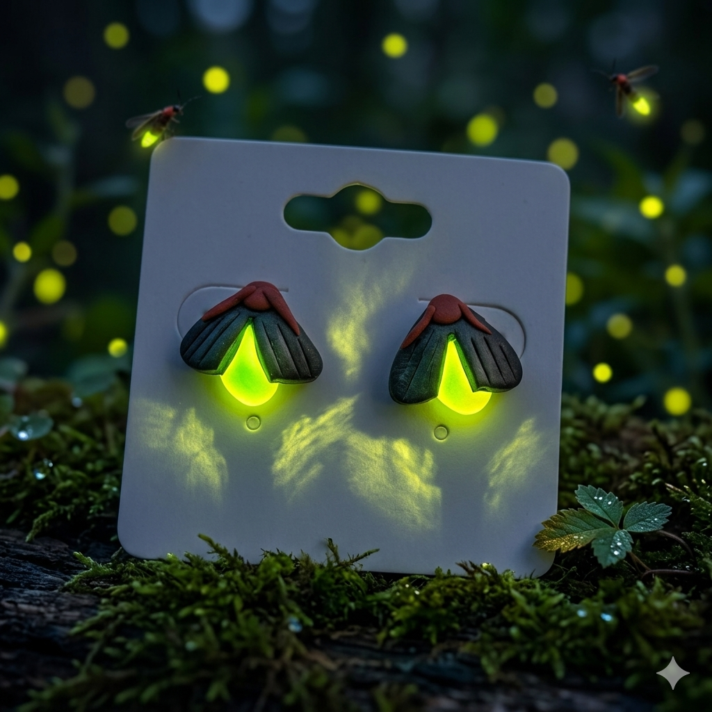 Glow in the dark firefly earrings polymer clay handmade by West Cove
