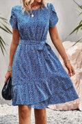 Floral Round Neck Slim Tiered A Line Ruffle Dress