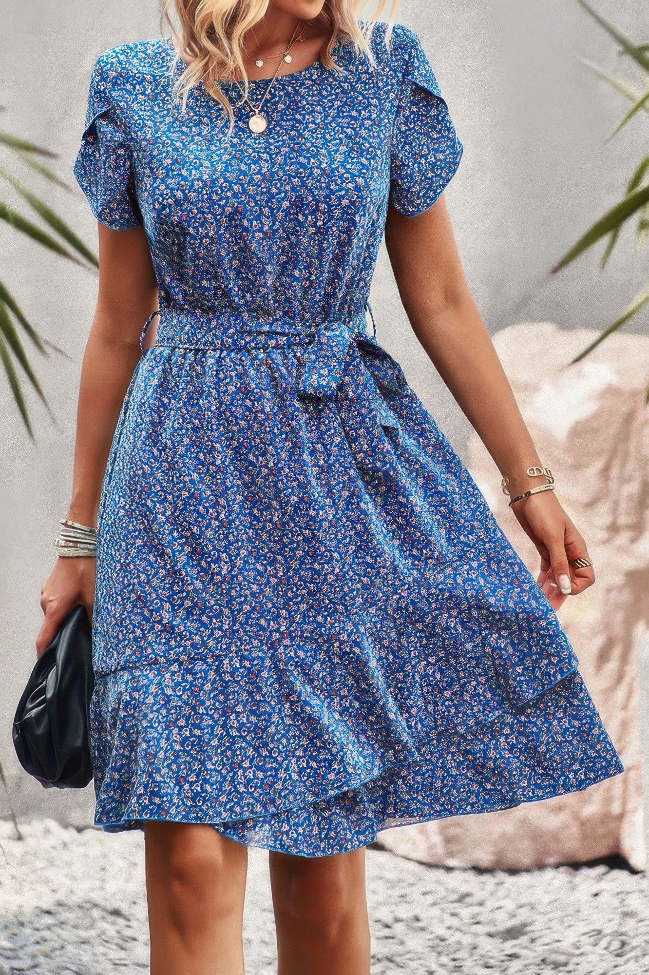 Floral Round Neck Slim Tiered A Line Ruffle Dress