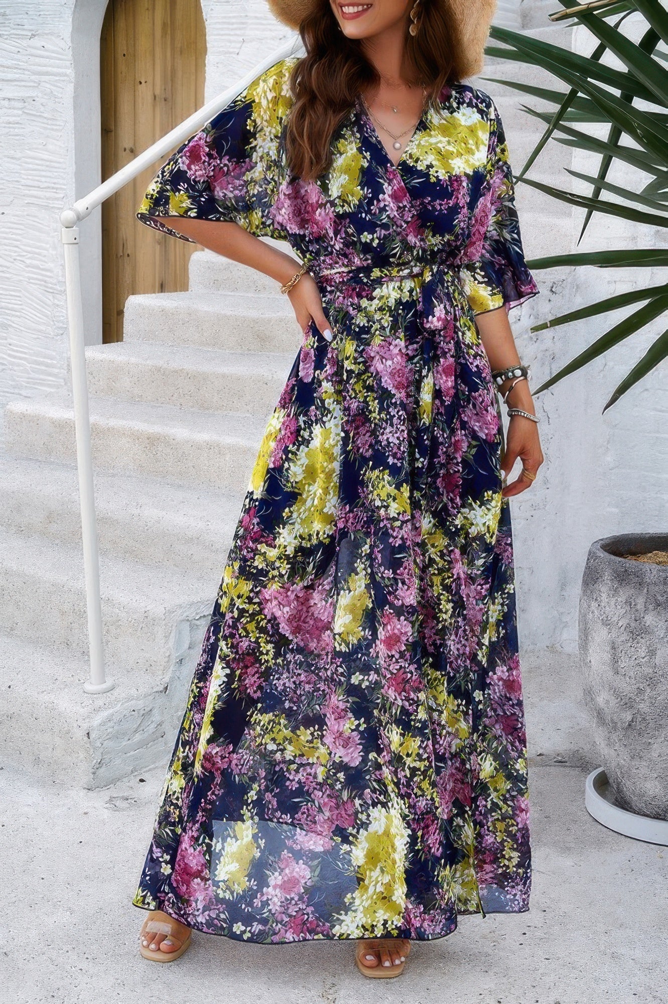 Floral Print V Neck Waist Cinched Split Long Dress