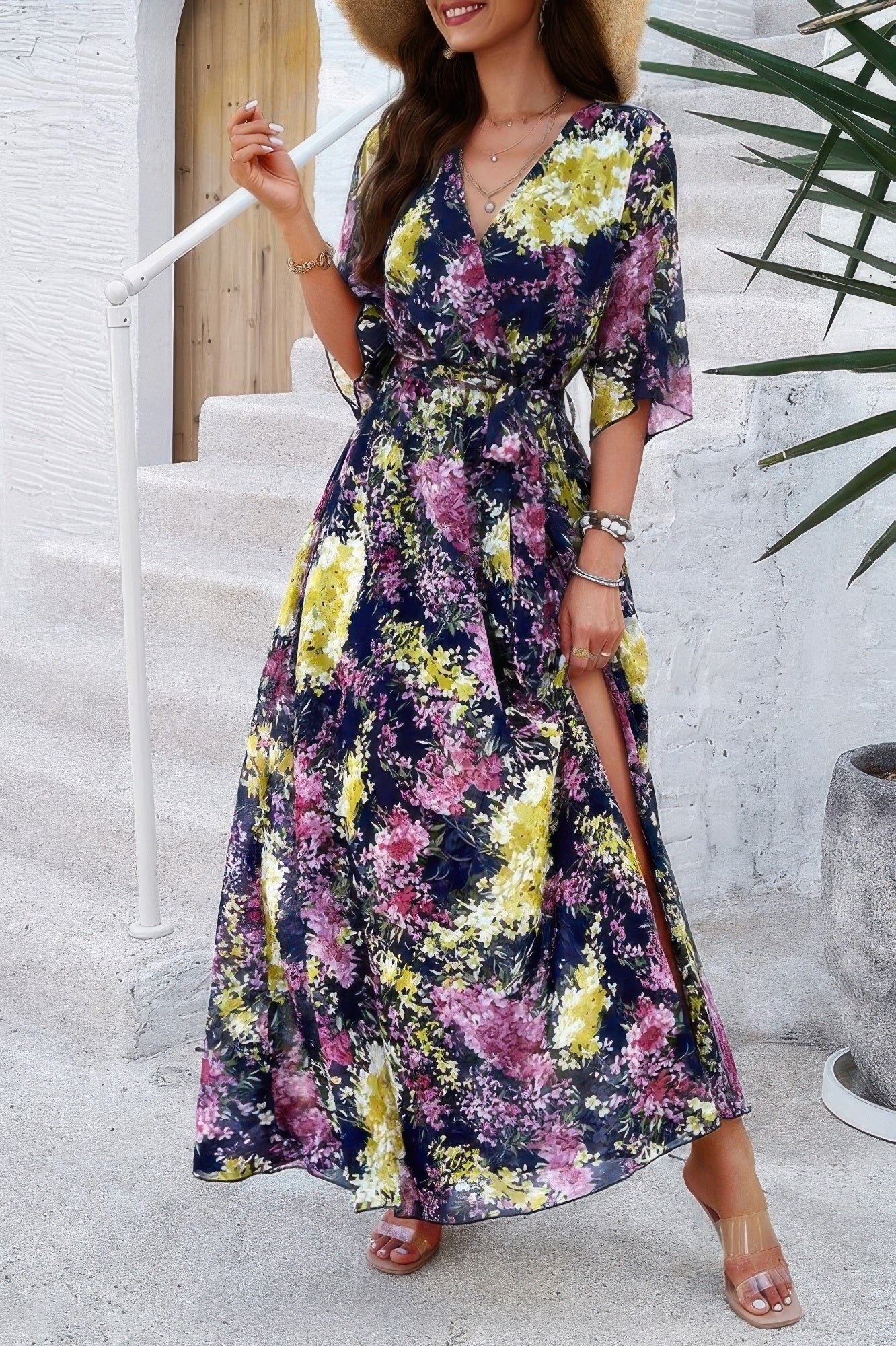 Floral Print V Neck Waist Cinched Split Long Dress