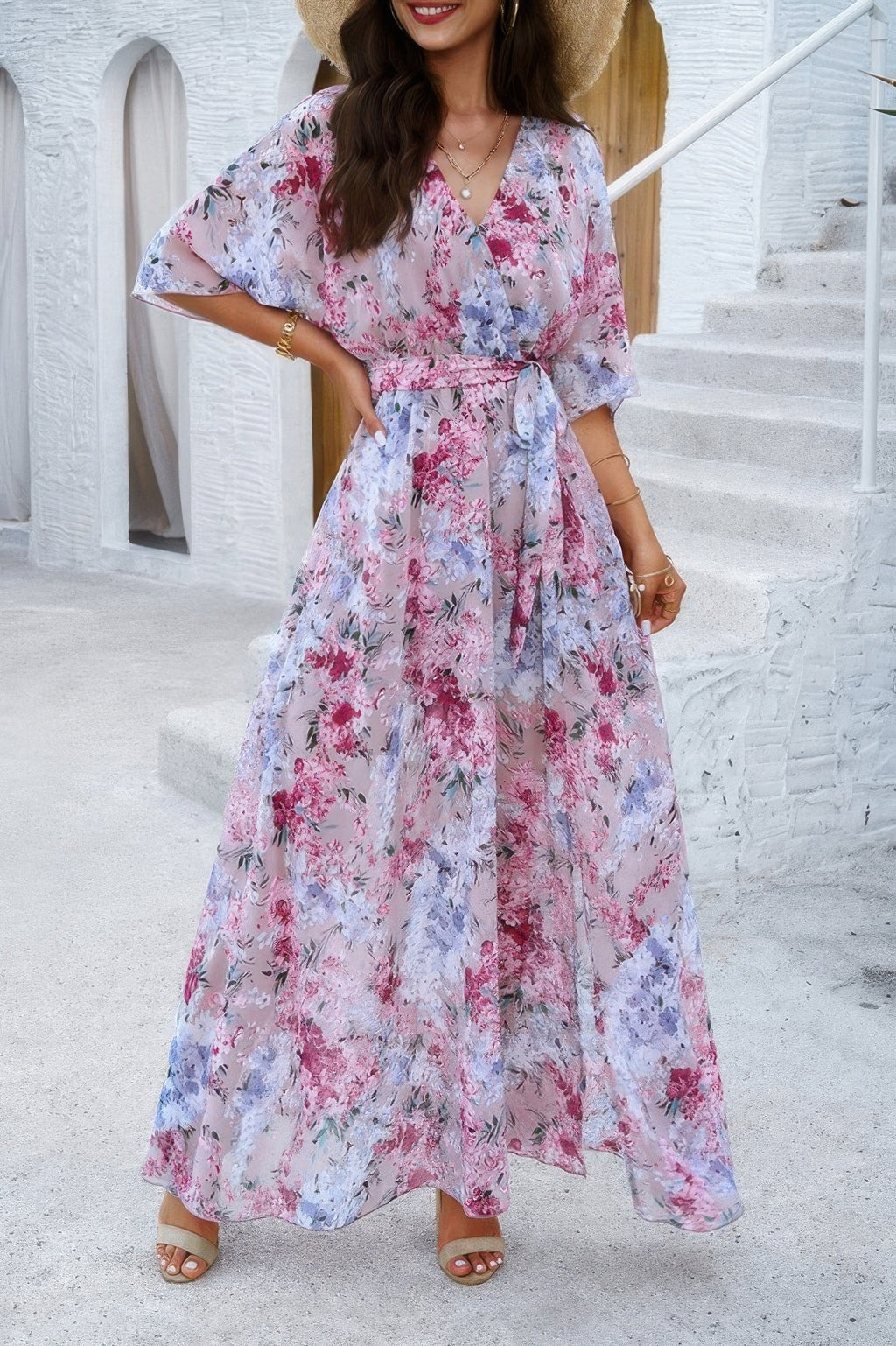 Floral Print V Neck Waist Cinched Split Long Dress