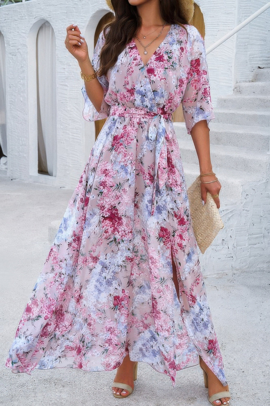 Floral Print V Neck Waist Cinched Split Long Dress