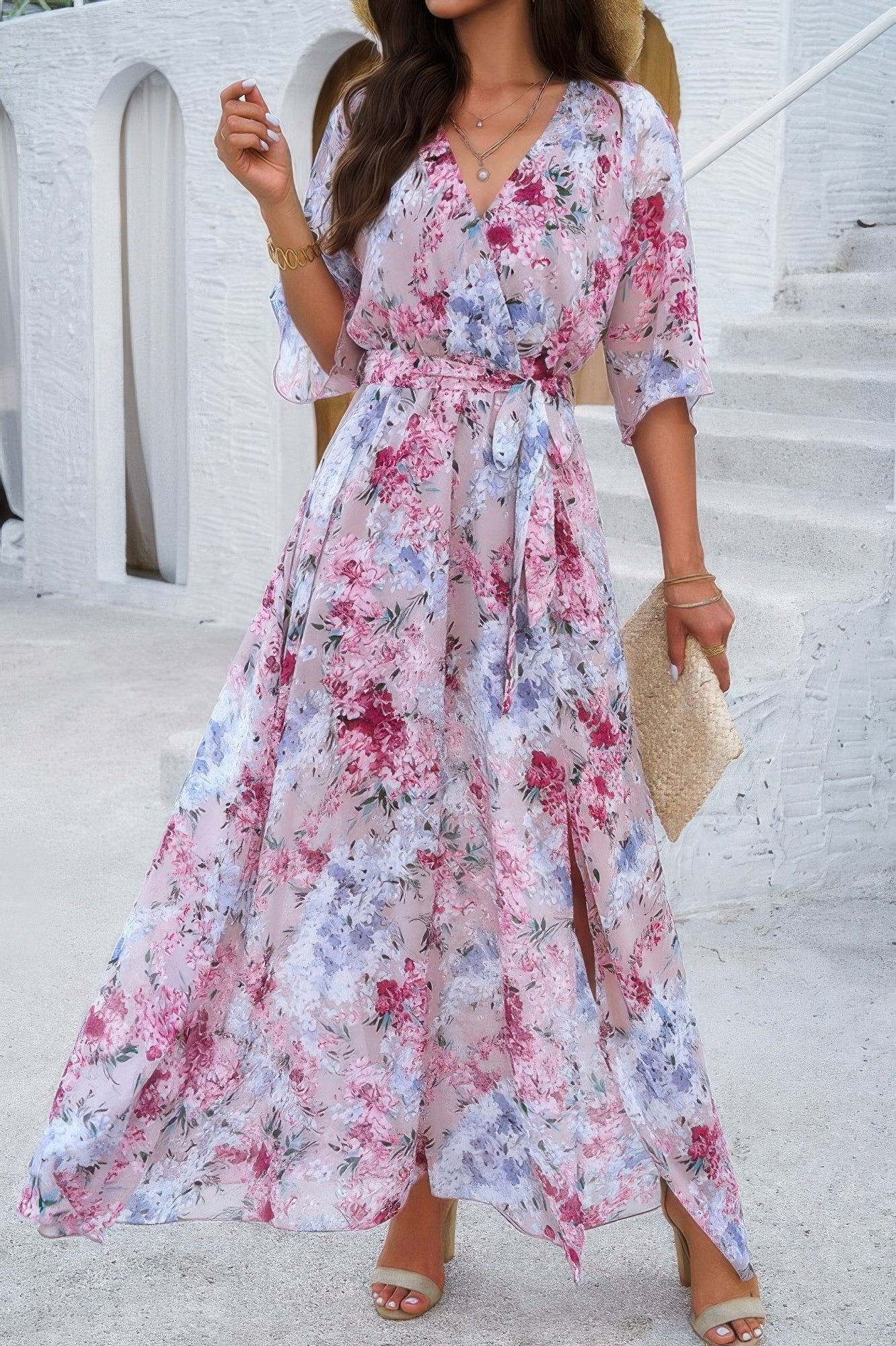Floral Print V Neck Waist Cinched Split Long Dress