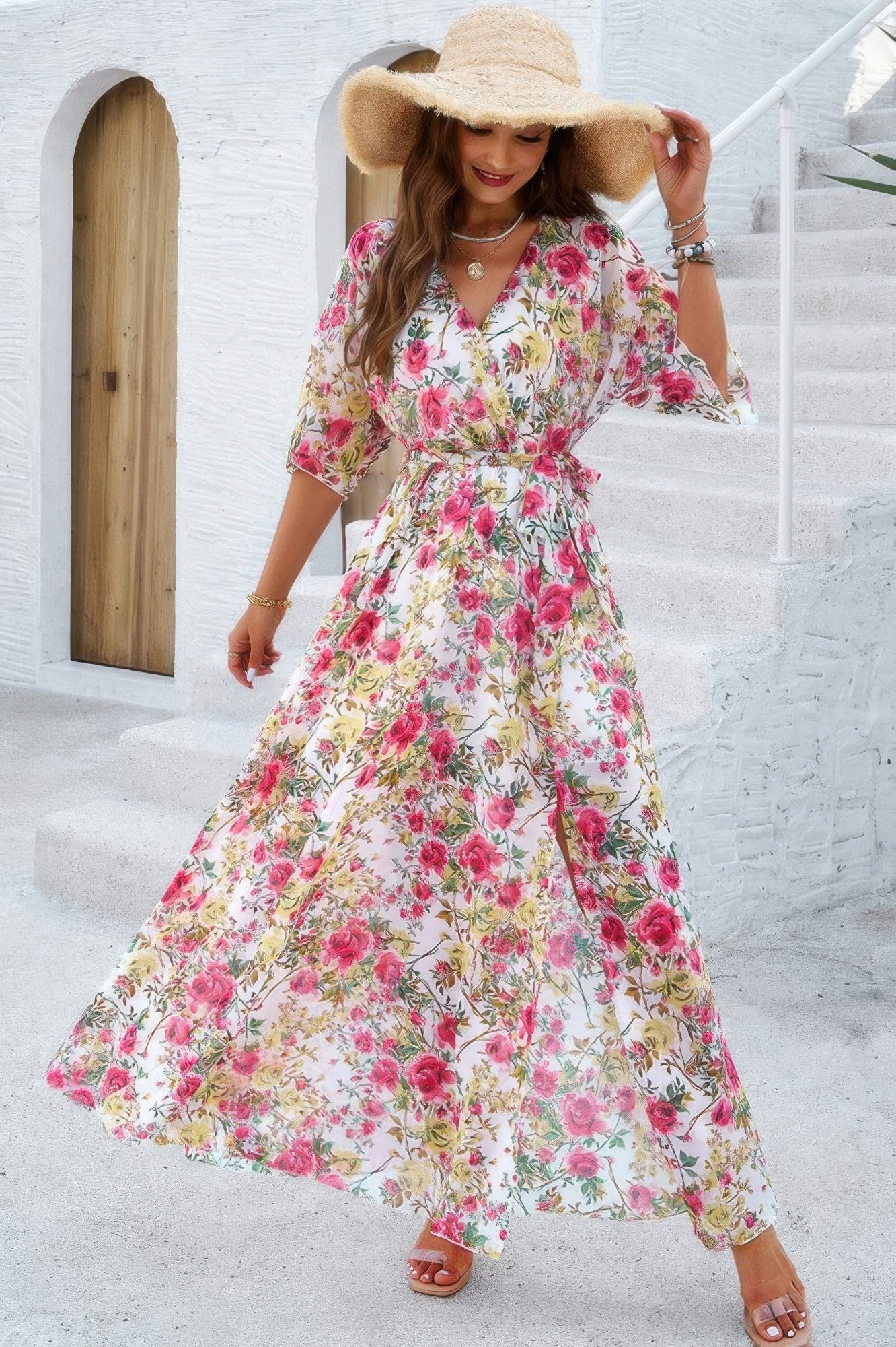 Floral Print V Neck Waist Cinched Split Long Dress