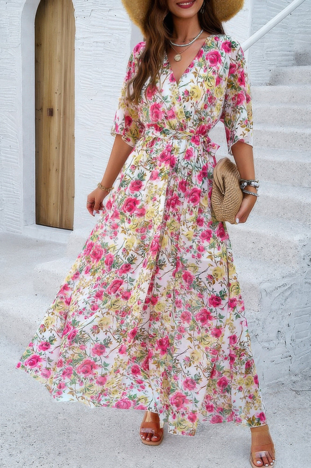 Floral Print V Neck Waist Cinched Split Long Dress