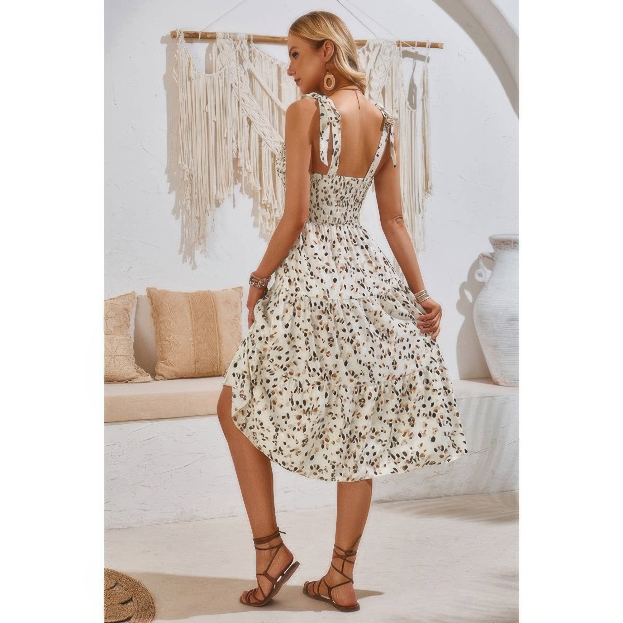 Square Neck Leopard Cut Out Elastic Waist Dress