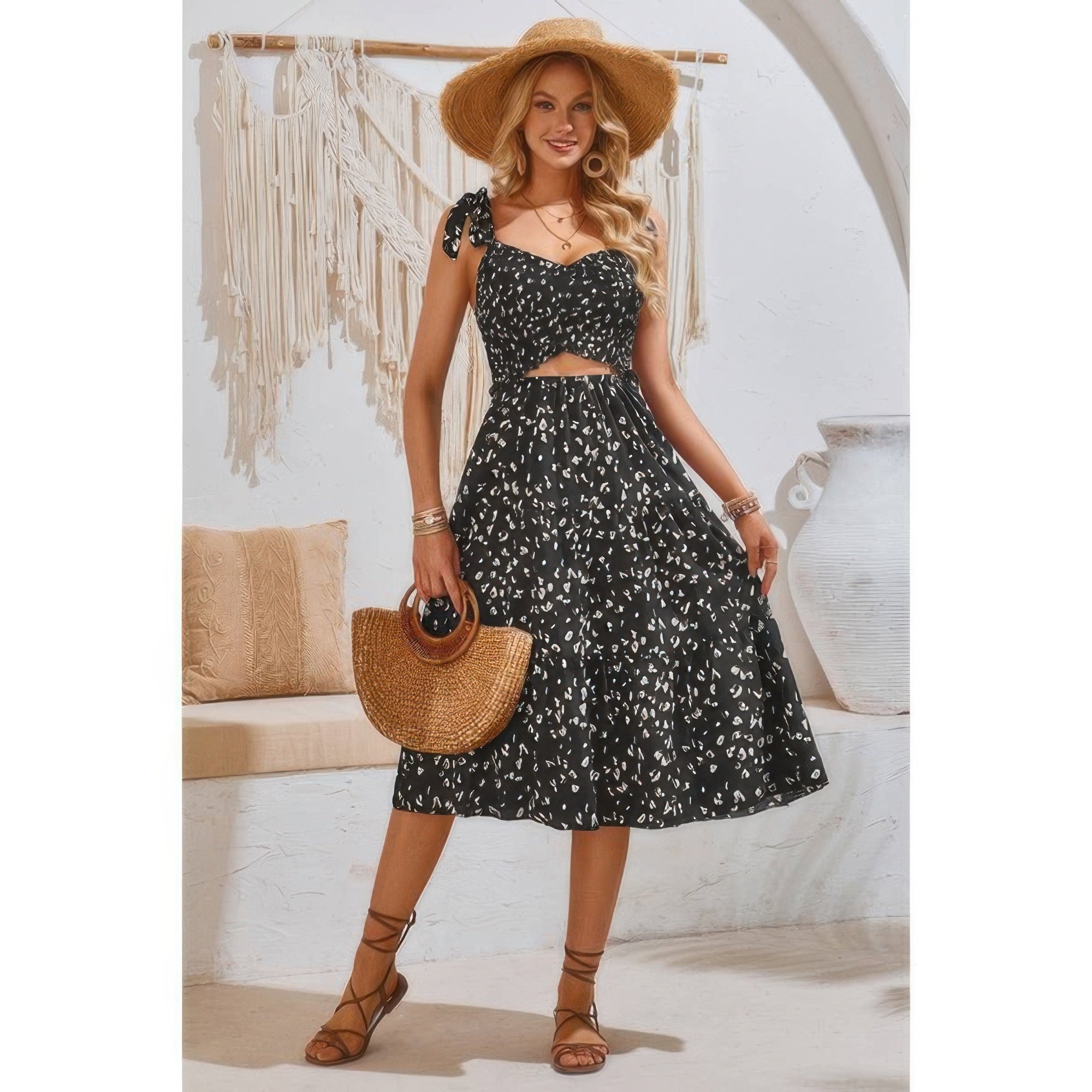 Square Neck Leopard Cut Out Elastic Waist Dress