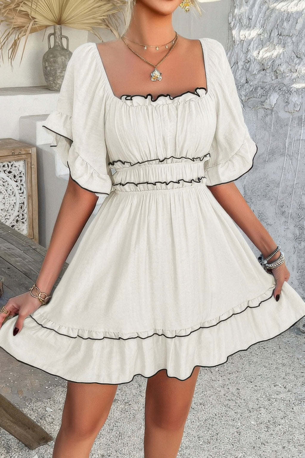 Off Shoulder Square Neck Ruffle Trim Short Dress