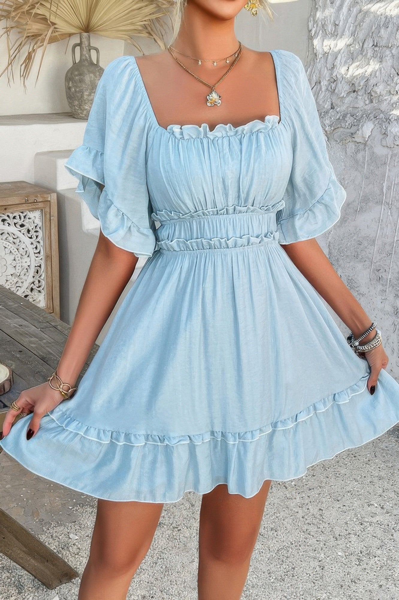 Off Shoulder Square Neck Ruffle Trim Short Dress