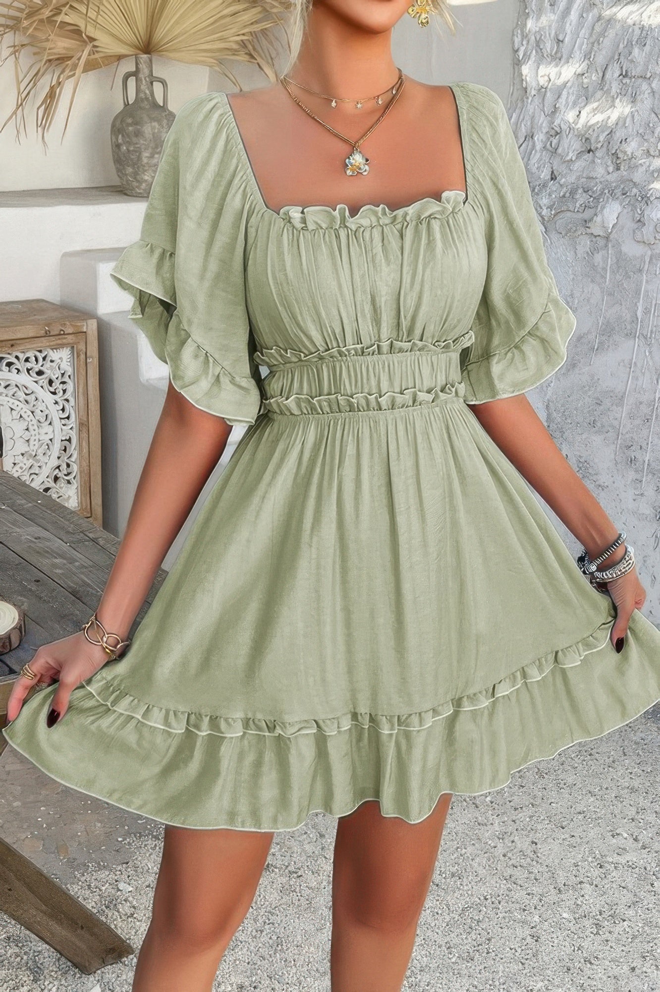 Off Shoulder Square Neck Ruffle Trim Short Dress