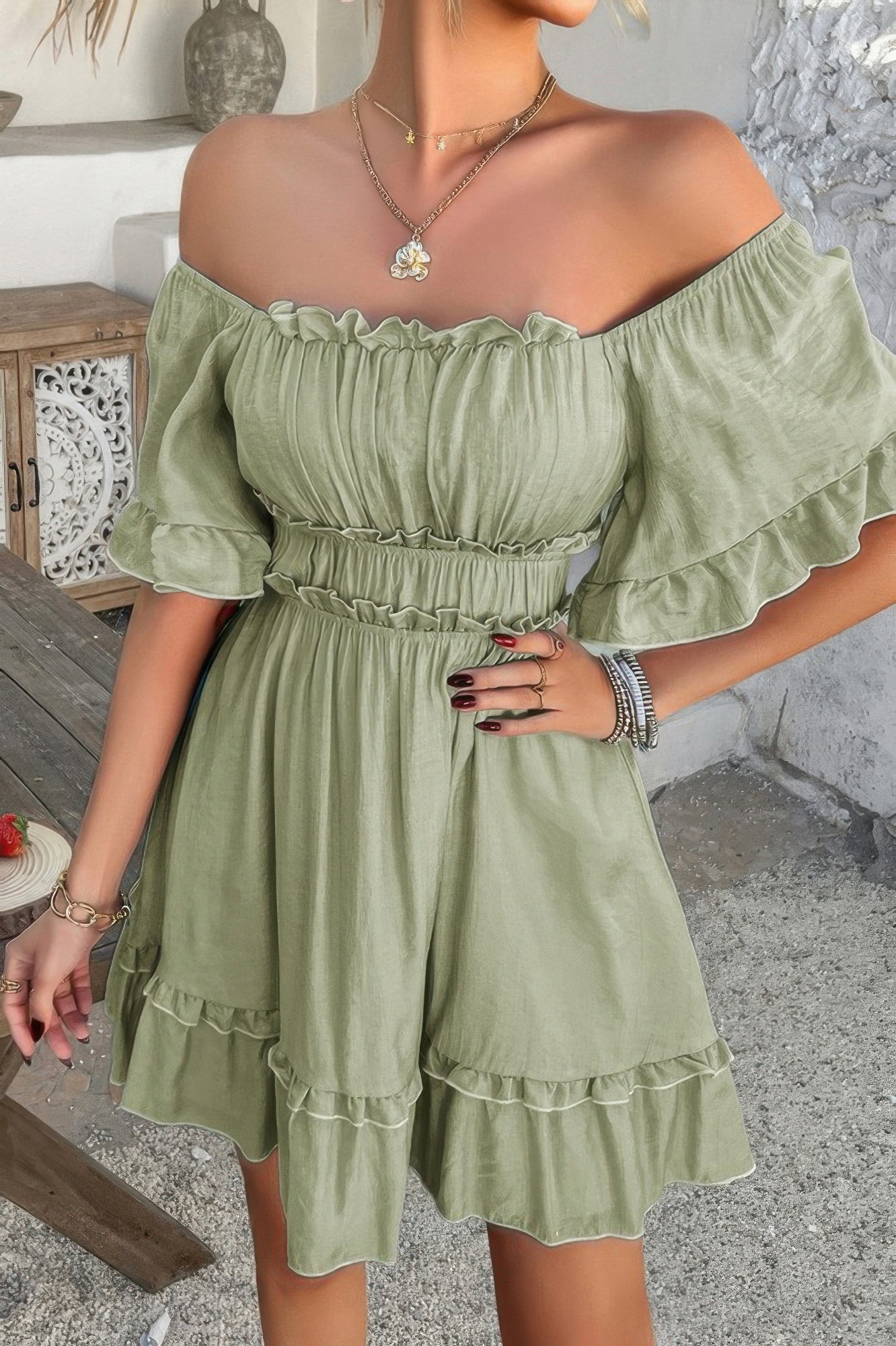 Off Shoulder Square Neck Ruffle Trim Short Dress