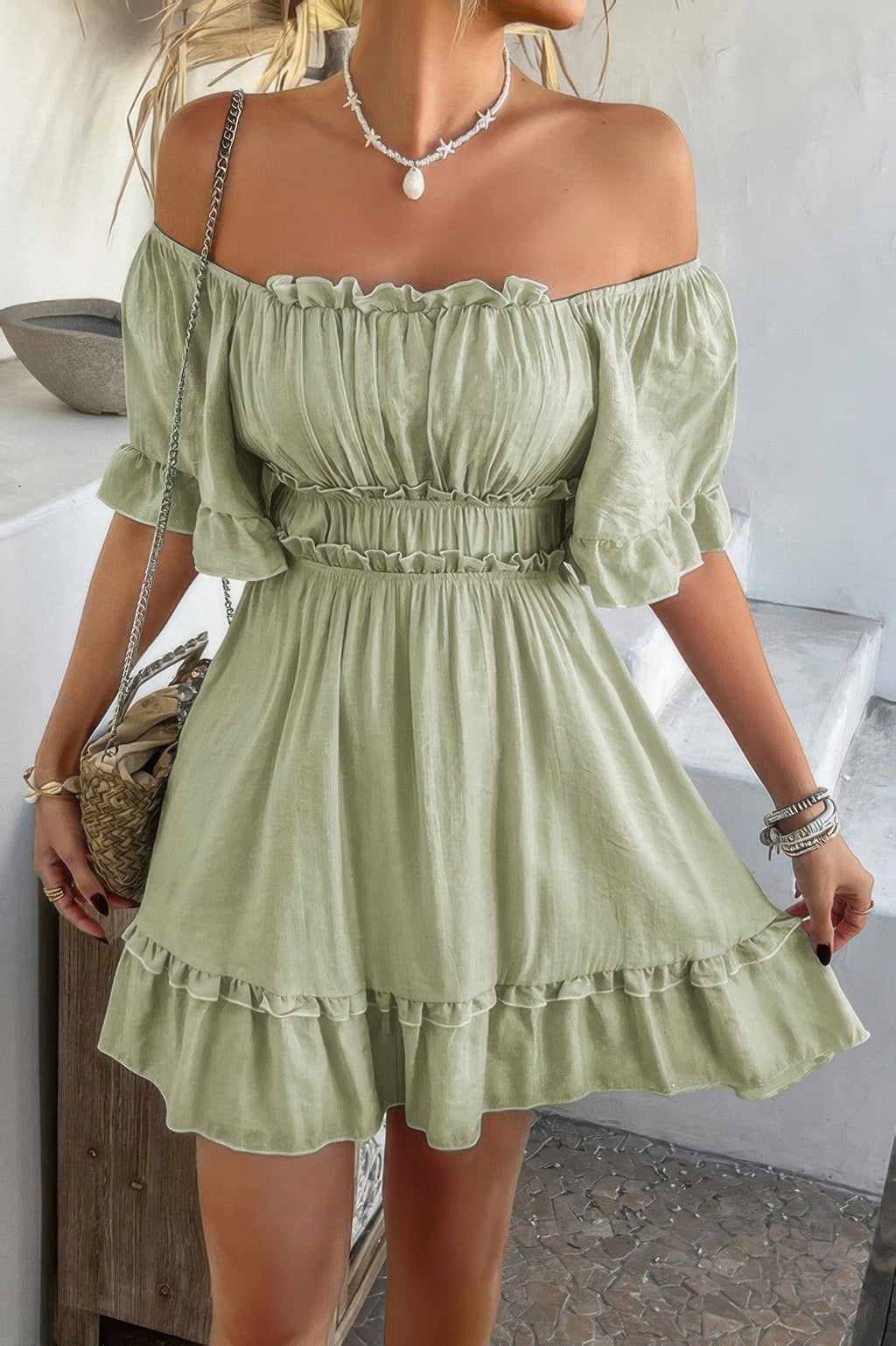Off Shoulder Square Neck Ruffle Trim Short Dress