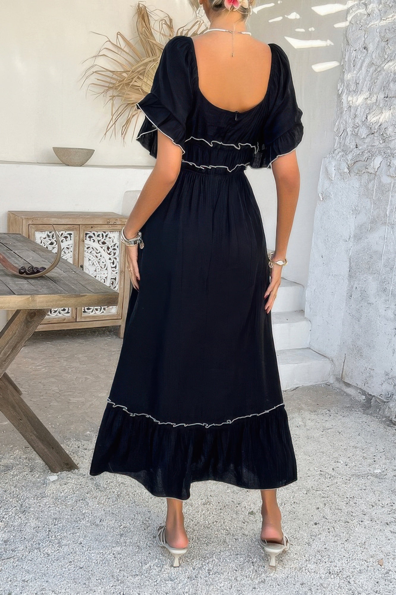 Off Shoulder Bodycon Backless Ruffle Trim Dress