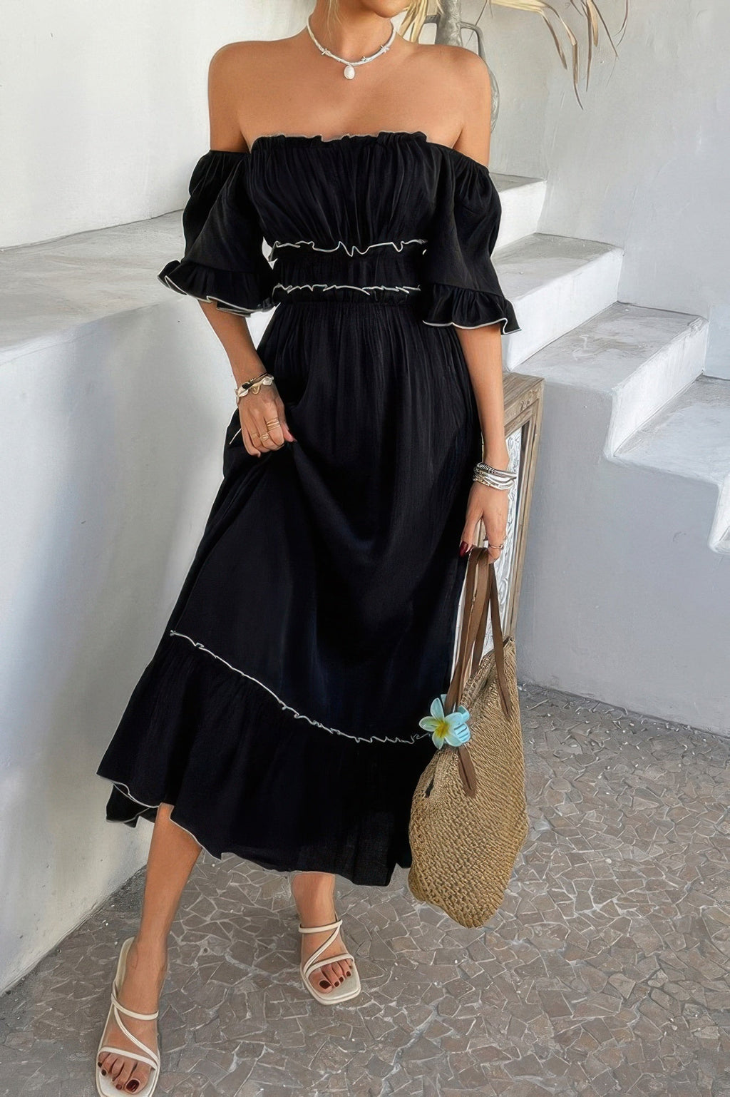 Off Shoulder Bodycon Backless Ruffle Trim Dress