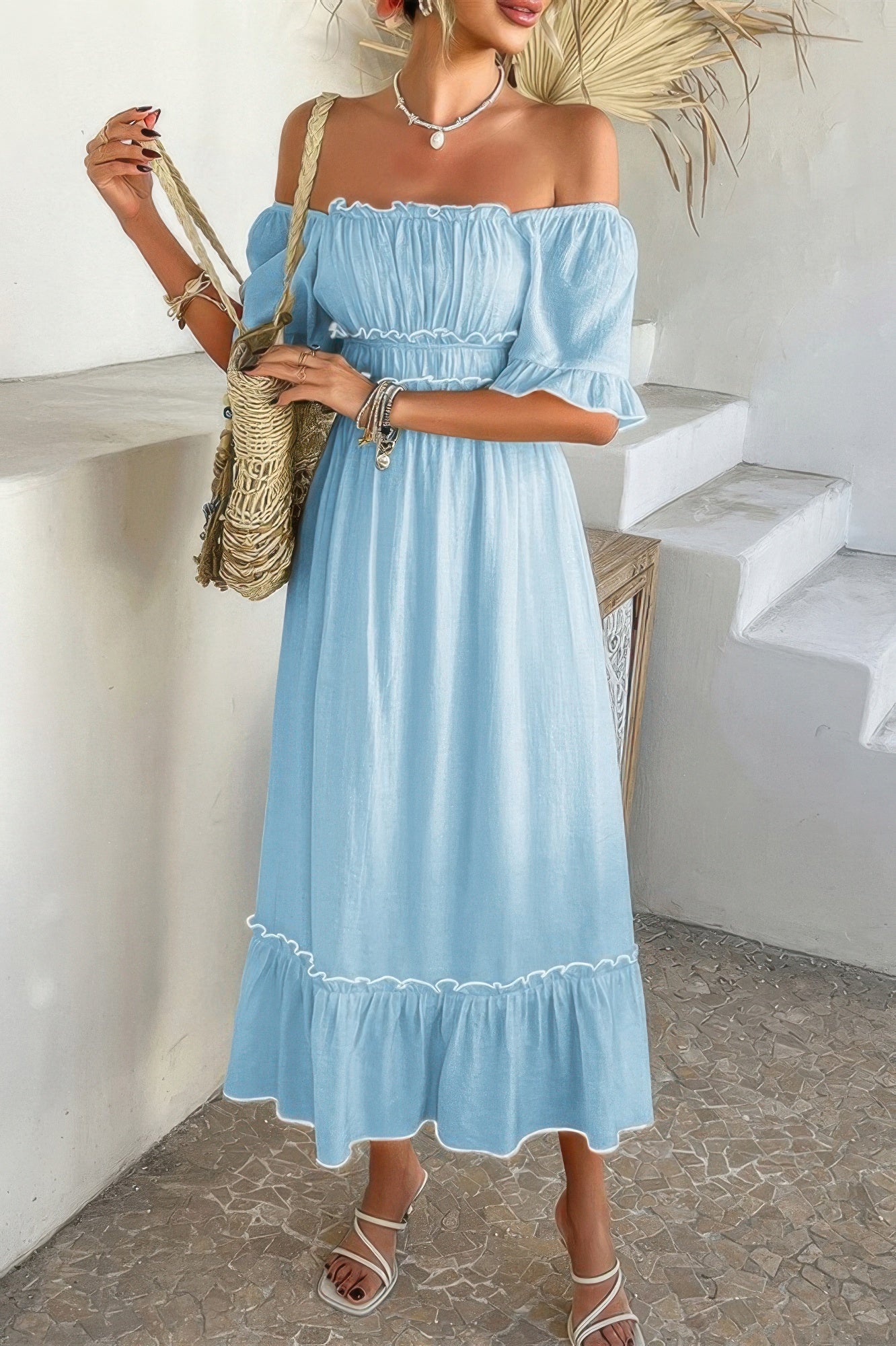 Off Shoulder Bodycon Backless Ruffle Trim Dress