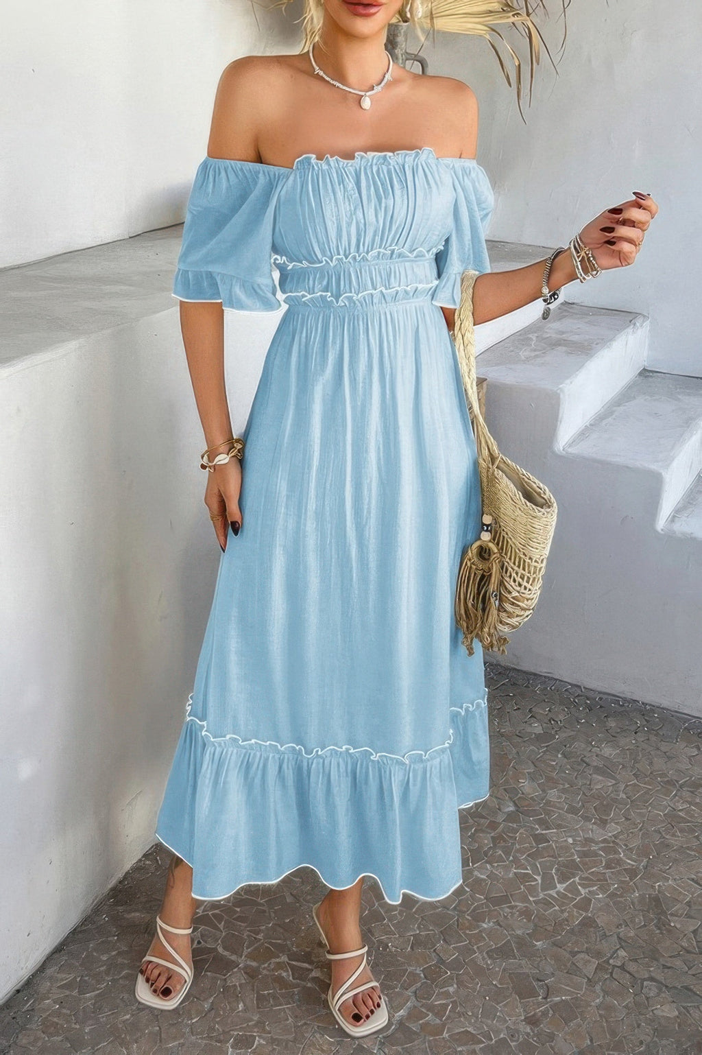 Off Shoulder Bodycon Backless Ruffle Trim Dress