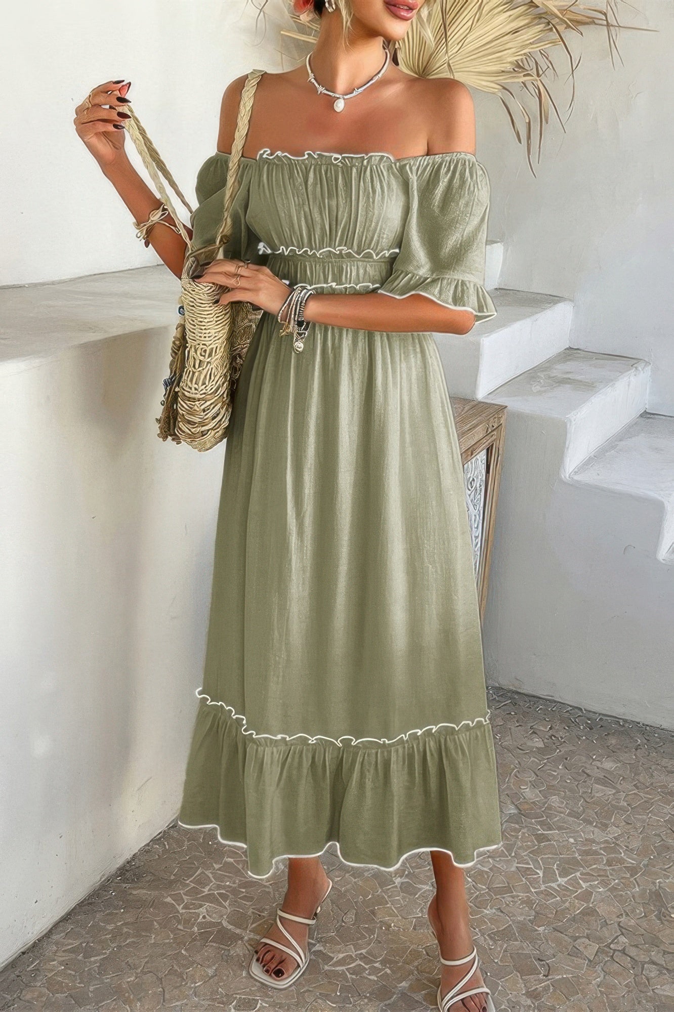 Off Shoulder Bodycon Backless Ruffle Trim Dress