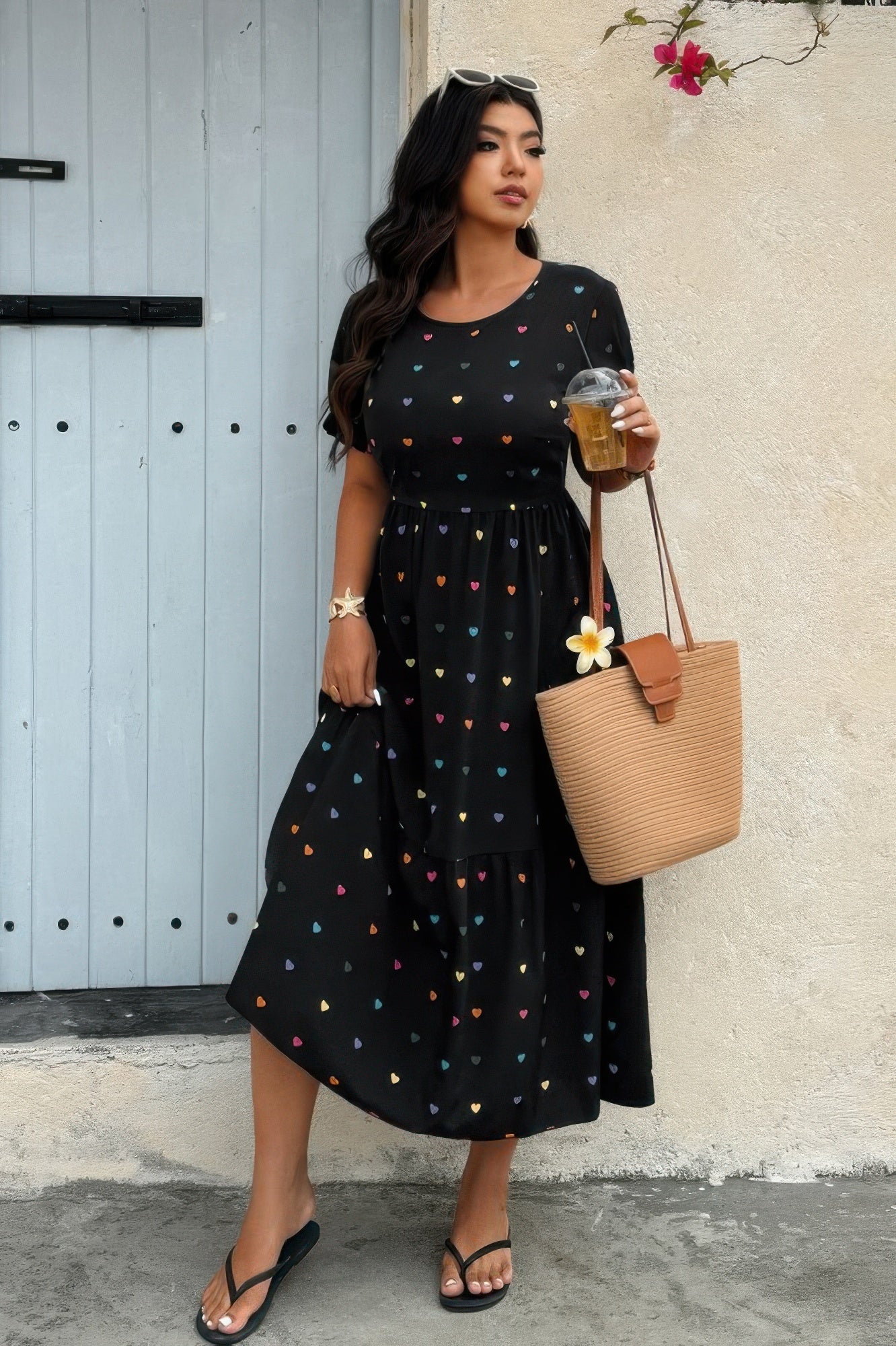 Plus Heart Print Round Neck Ruffle Hem Dress