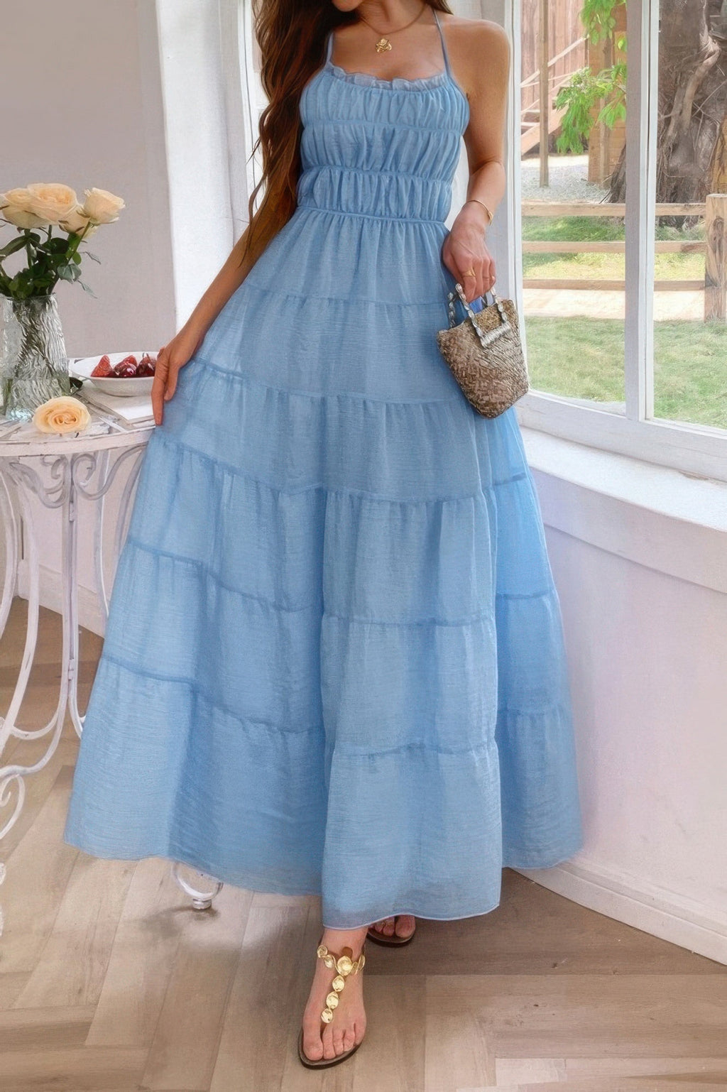 Solid Halter Ruched Textured Tiered Full Dress